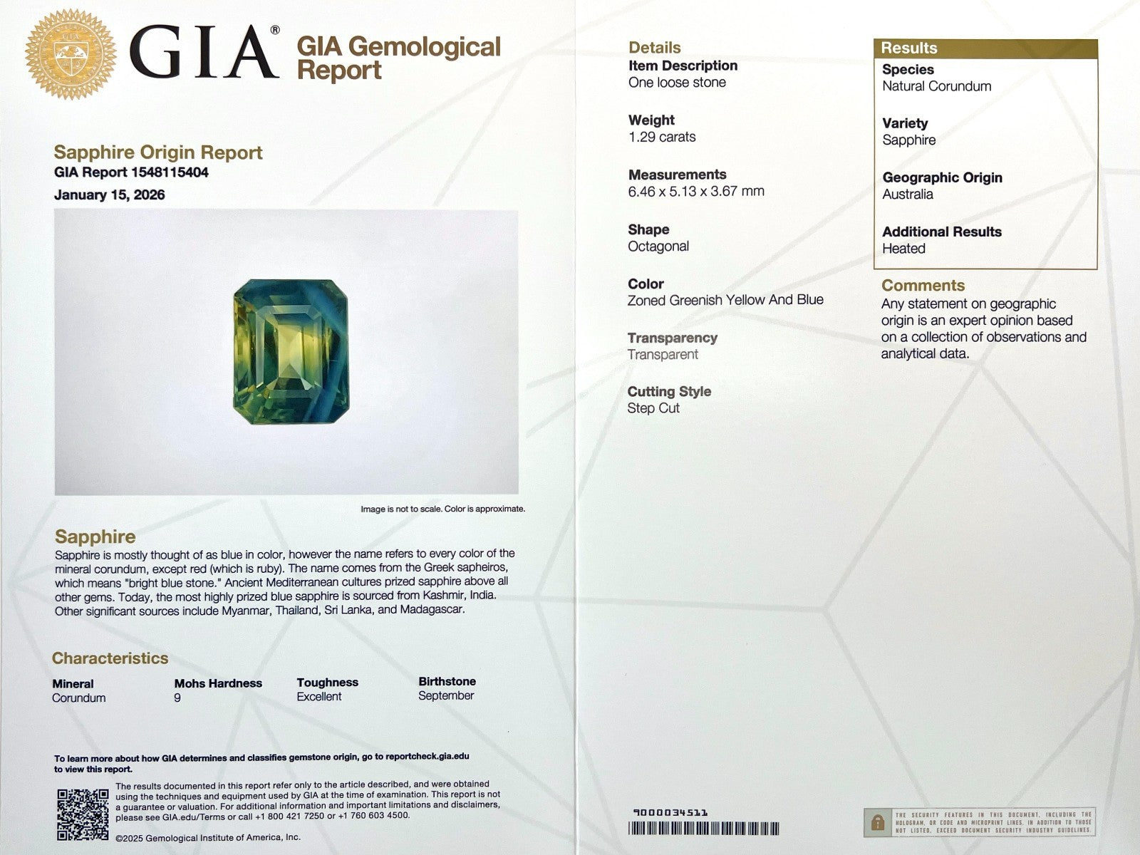 GIA CERTIFIED Australian 1.29ct Parti Colour Sapphire Blue Green Yellow Octagon — view 2