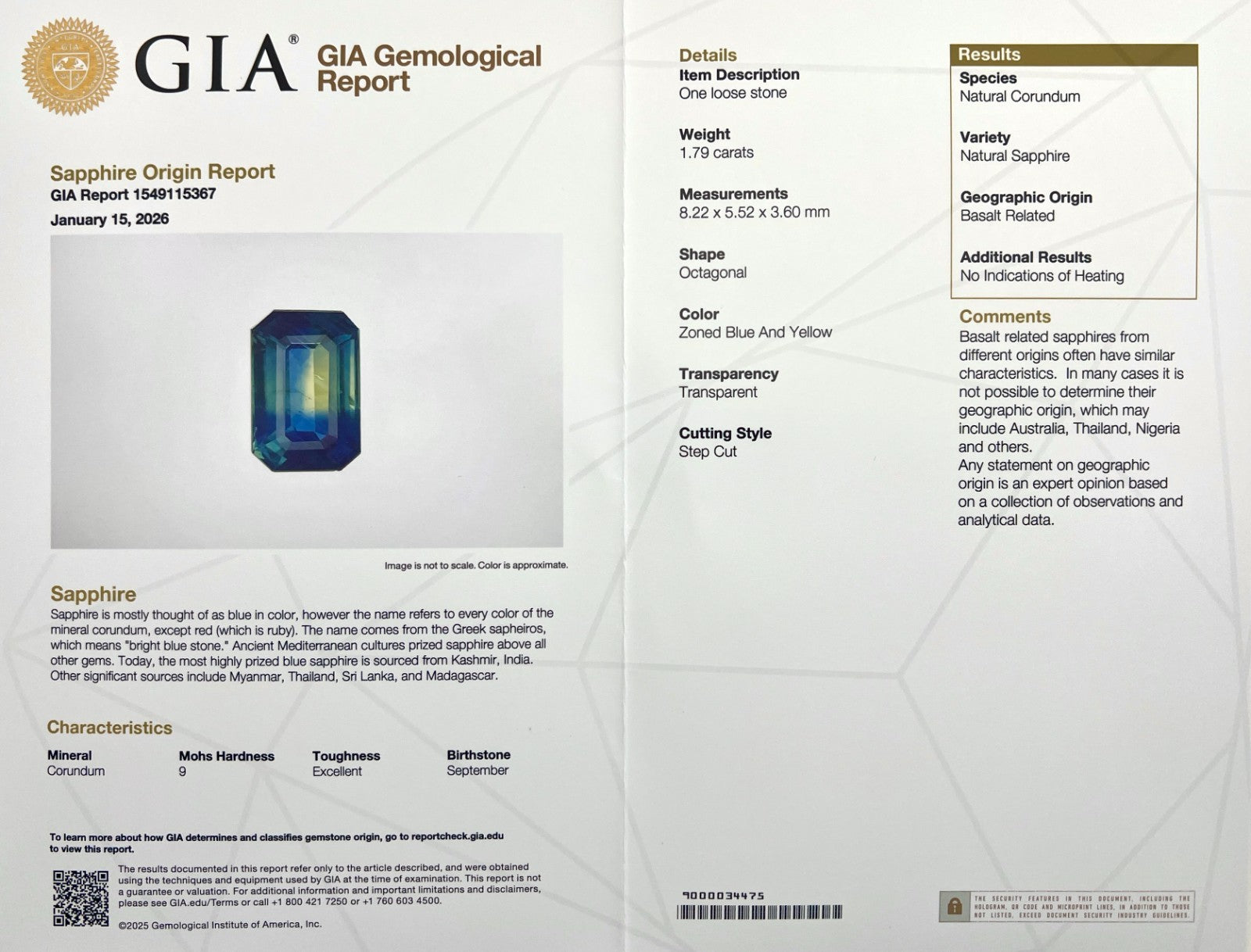 Unique GIA CERTIFIED 1.79ct Sapphire UNTREATED Yellow Blue Bi Colour Octagon — view 3