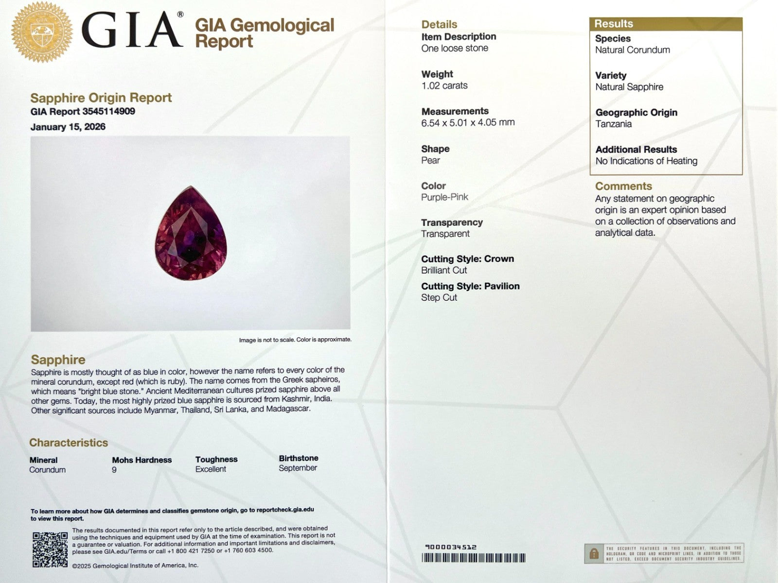 UNIQUE 1.02ct GIA CERTIFIED Untreated Sapphire RARE Purple Pink Pear Cut NO HEAT — view 2