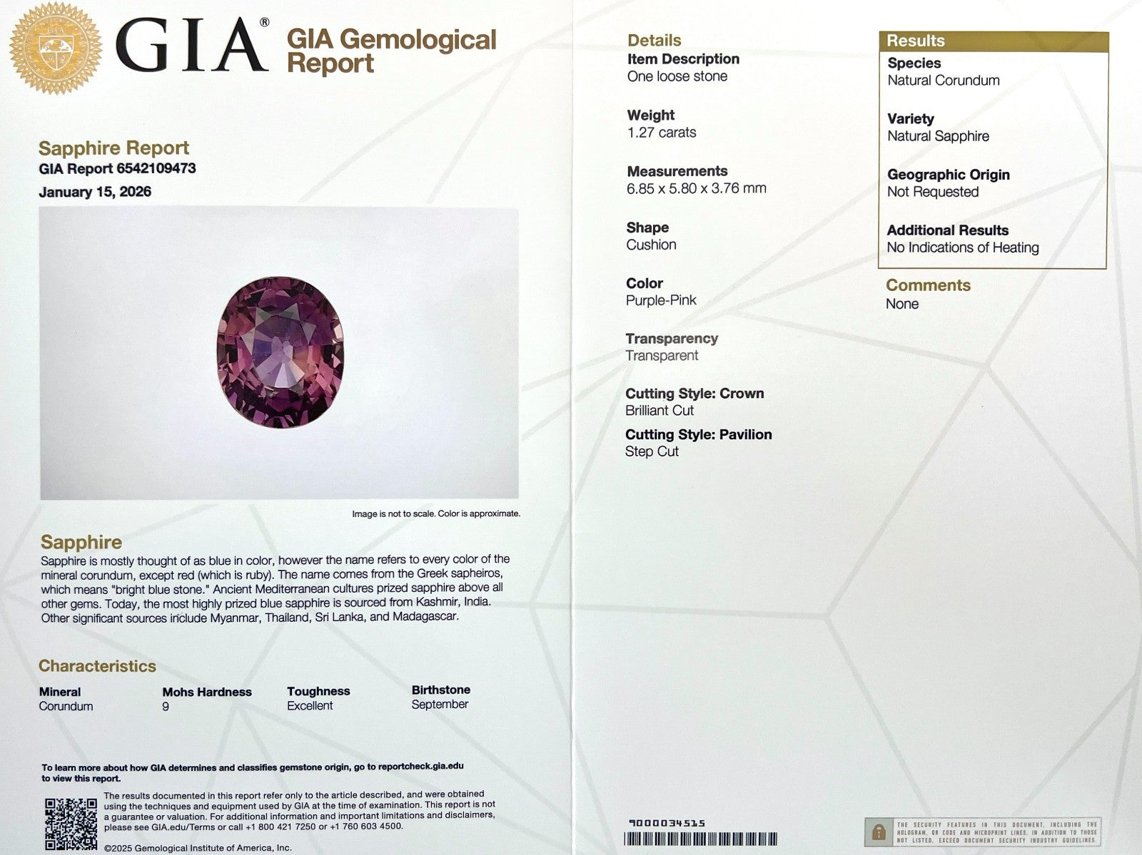 FINE 1.27ct GIA CERTIFIED Unheated Sapphire Purple Pink Cushion Cut Gem NO HEAT — view 2