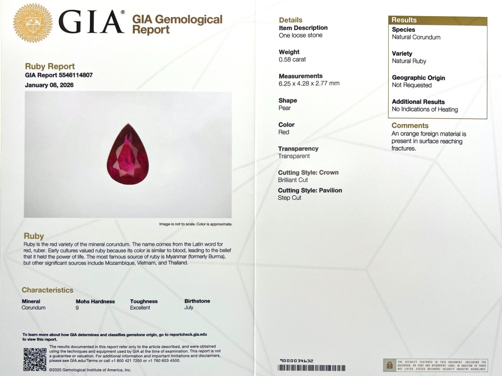 GIA CERTIFIED Natural Ruby Deep Red 0.58ct Pear Teardrop Cut Loose Unheated RARE — view 2