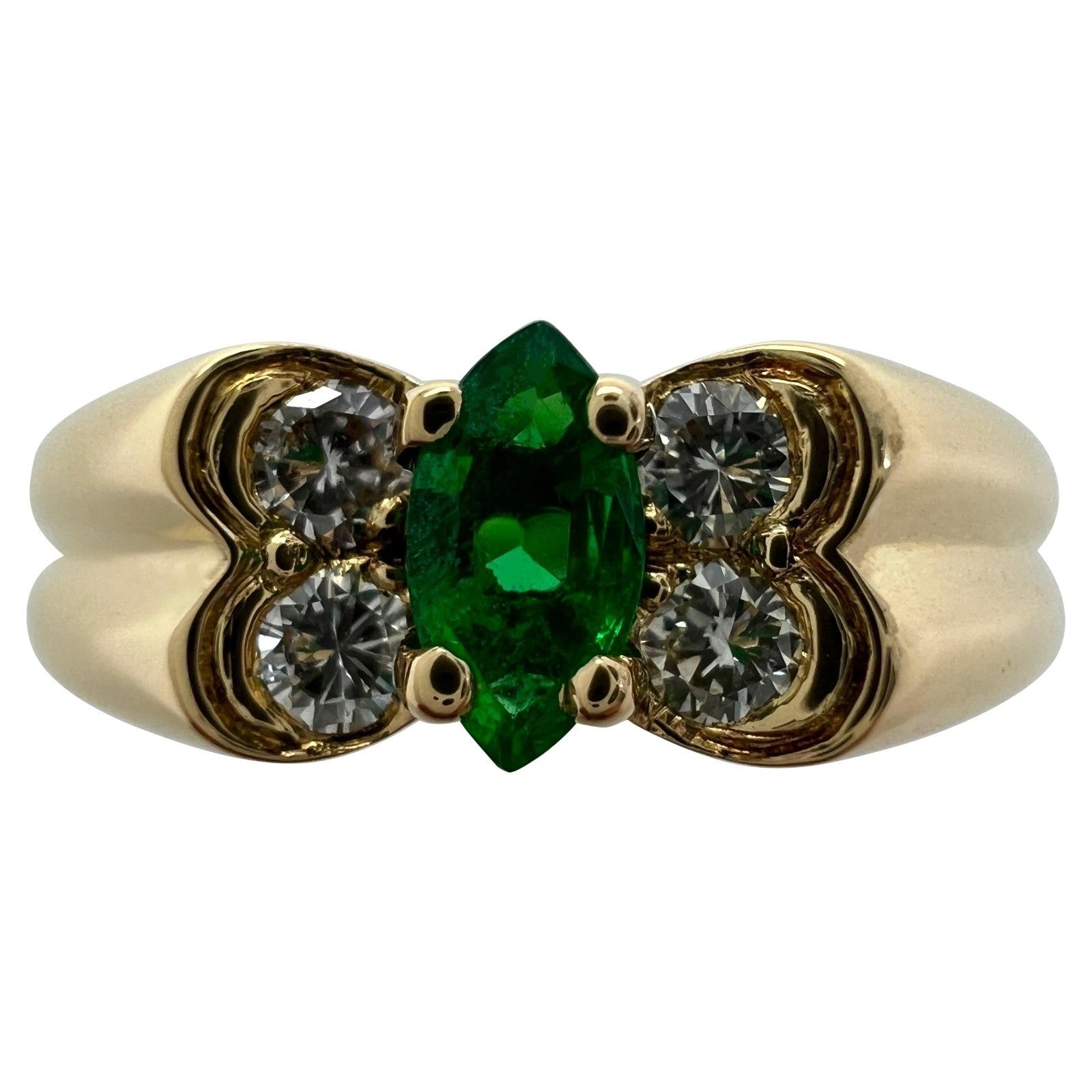 Vintage Van Cleef & Arpels Fine Green Marquise Emerald & Diamond Butterfly Ring