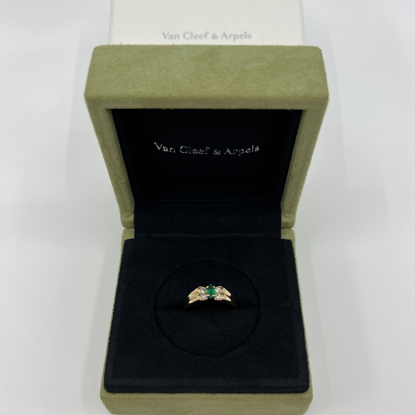 Vintage Van Cleef & Arpels Fine Green Marquise Emerald & Diamond Butterfly Ring — view 2