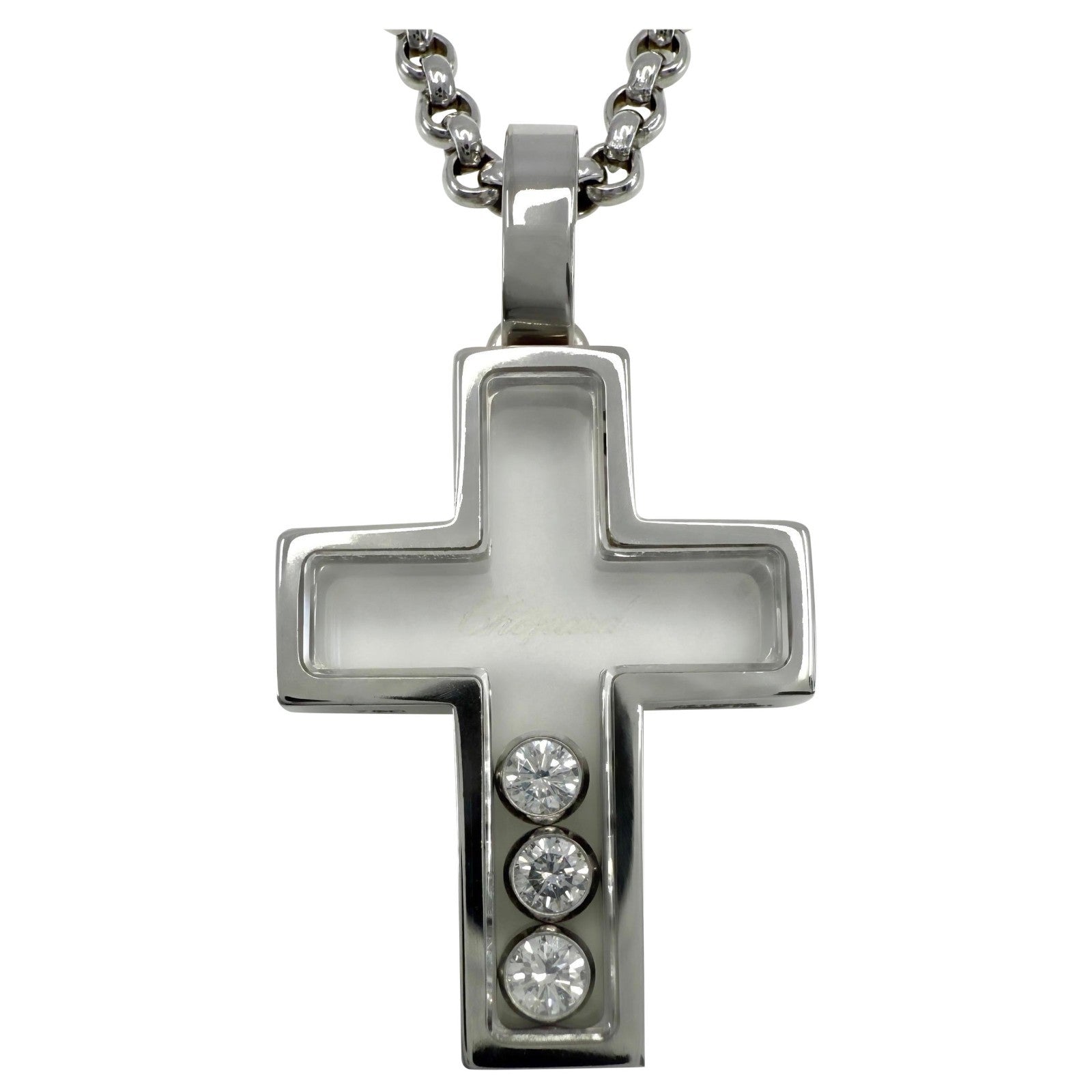 Rare Vintage Chopard Happy Diamonds Cross 18 Karat White Gold Pendant Necklace