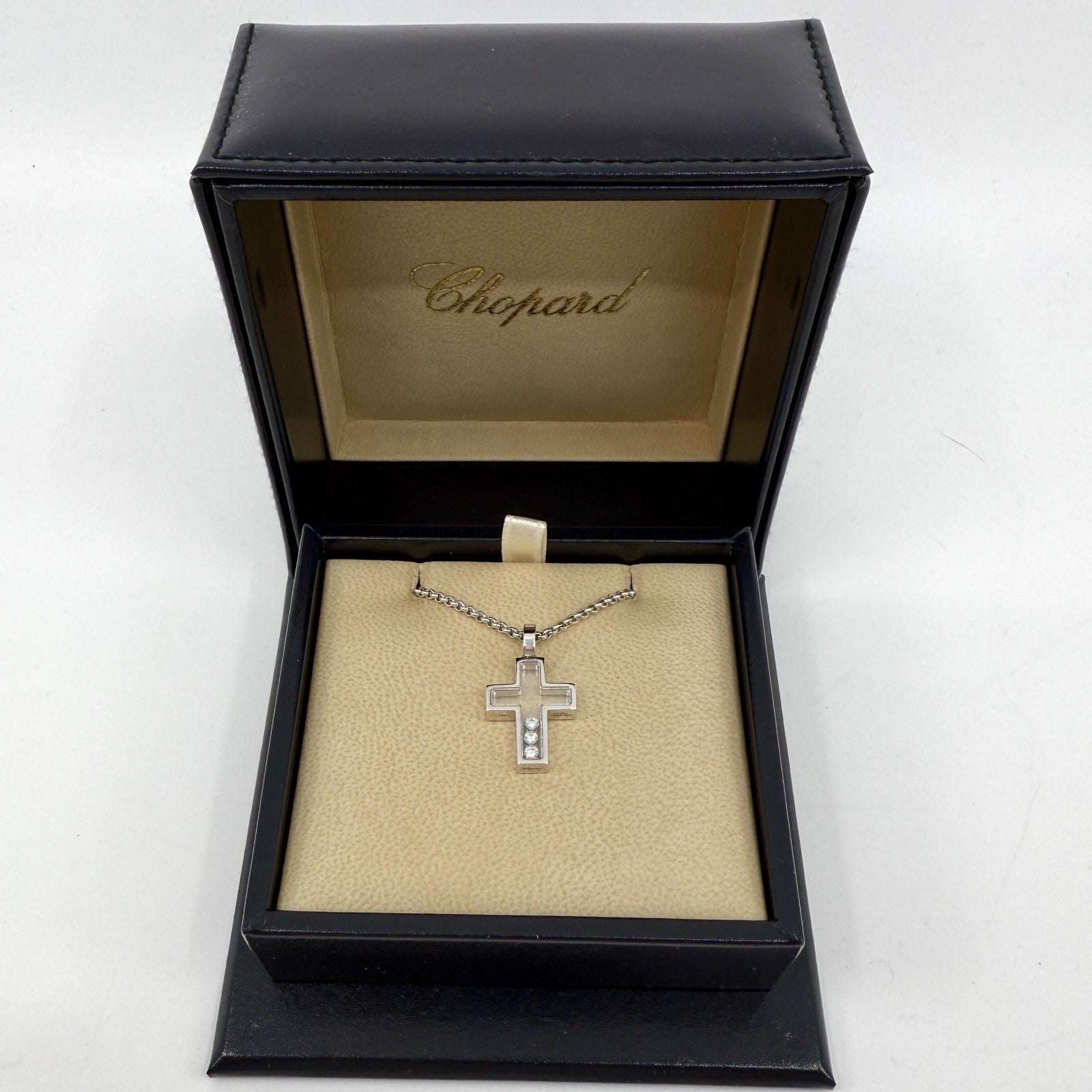 Rare Vintage Chopard Happy Diamonds Cross 18 Karat White Gold Pendant Necklace — view 2