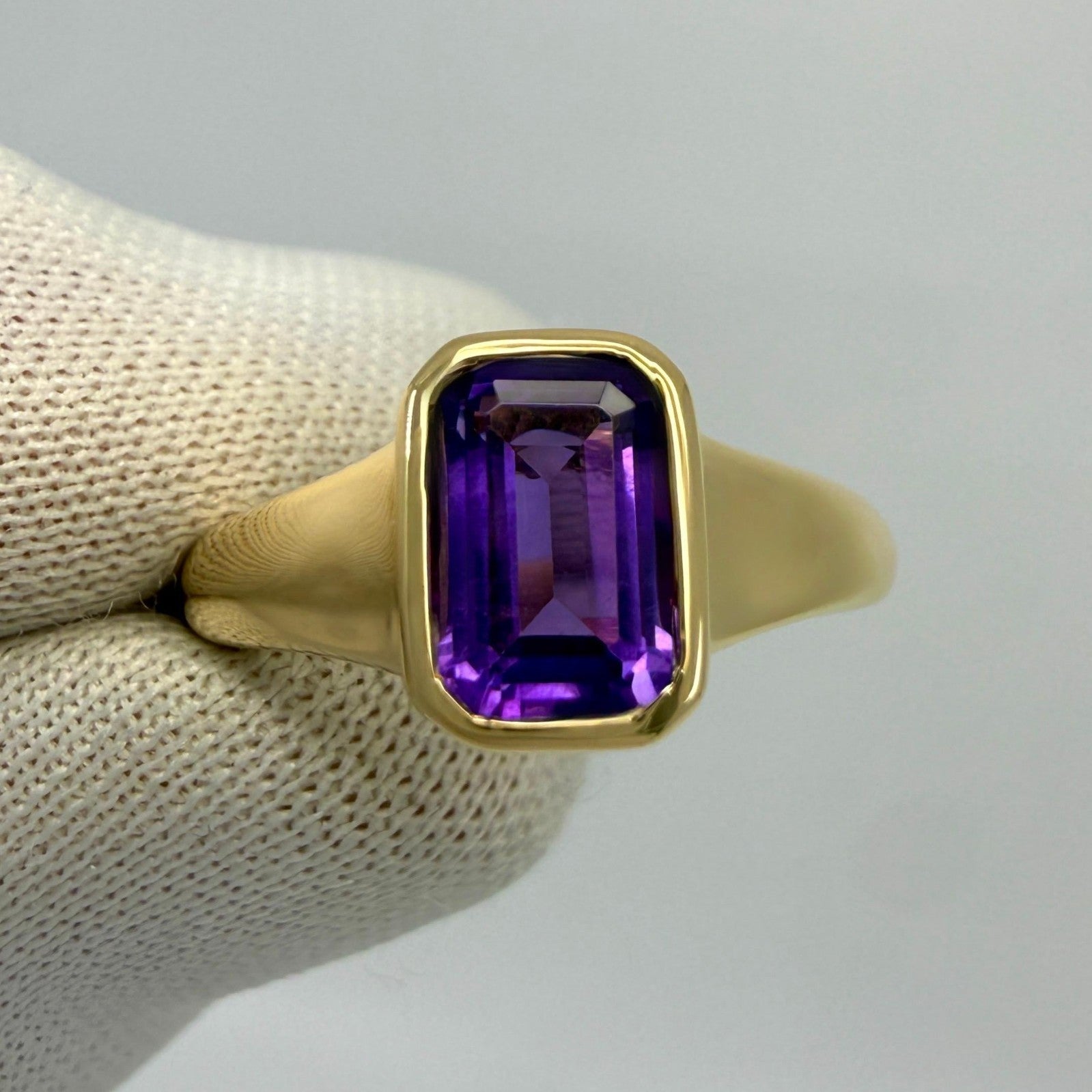 Rare Bvlgari Amethyst Emerald Cut 18k Yellow Gold Signet Bezel Rubover Ring — view 3