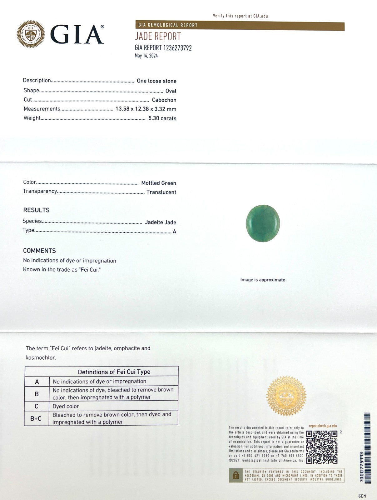 NATURAL 5.30ct GIA CERTIFIED Deep Green Jadeite Jade ‘A’ Grade Oval Cabochon Gem — view 2