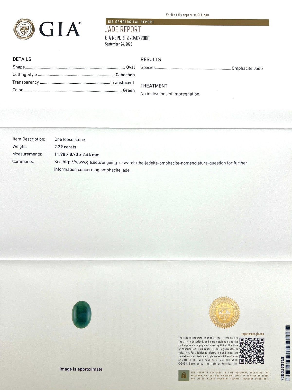 NATURAL 2.29ct GIA CERTIFIED Deep Green Jadeite Jade ‘A’ Grade Oval Cabochon Gem — view 2