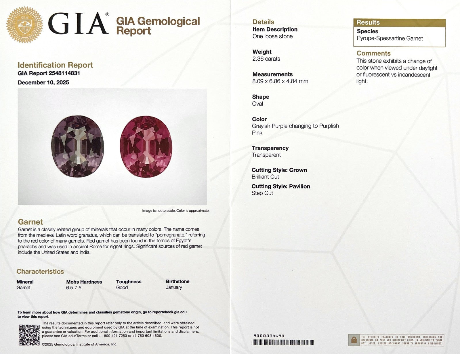 2.36ct GIA CERTIFIED Colour Change Garnet NATURAL Oval Cut Pyrope Spessartine — view 3