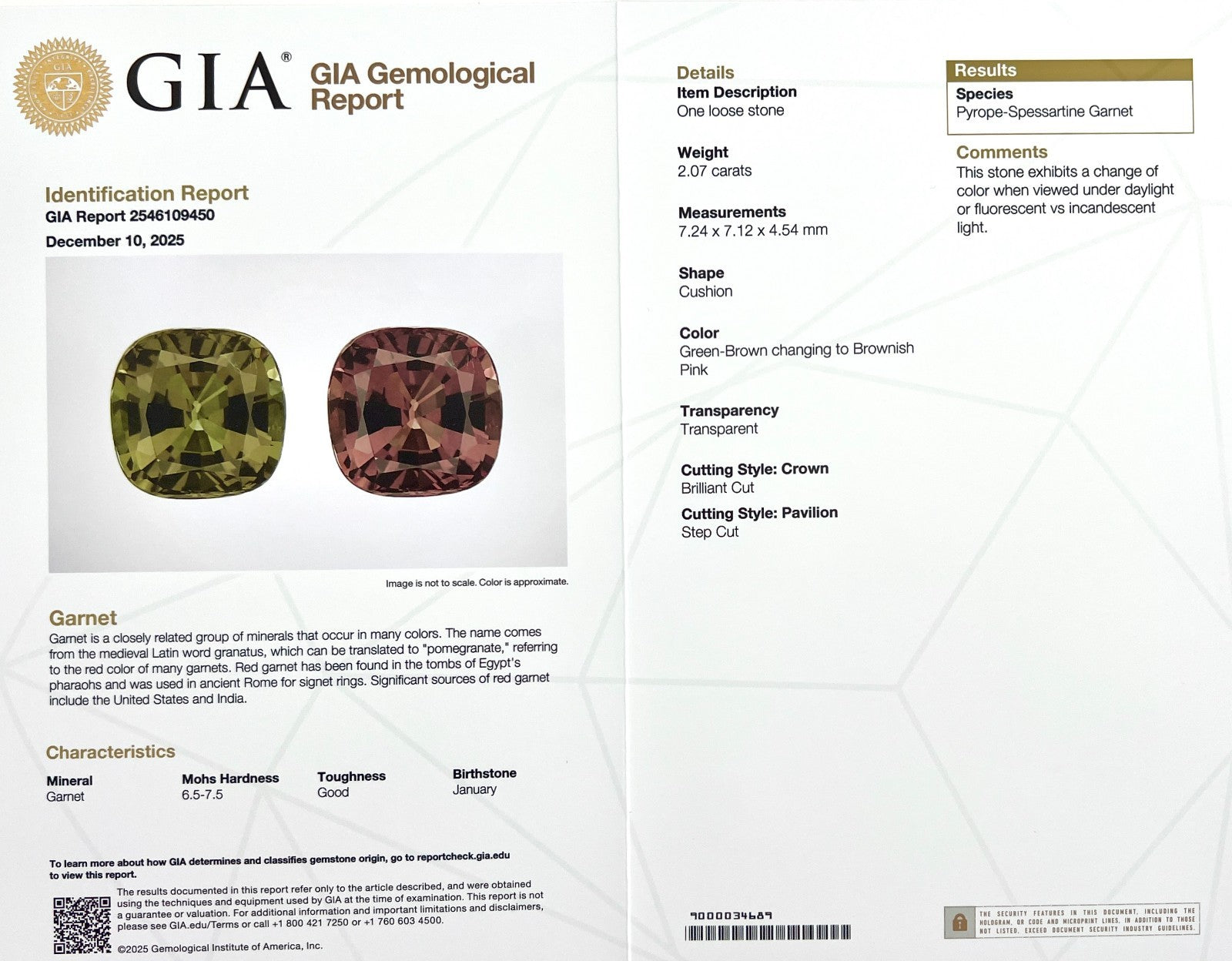 RARE 2.07ct GIA CERTIFIED Colour Change Garnet CUSHION Cut Pyrope Spessartine — view 2