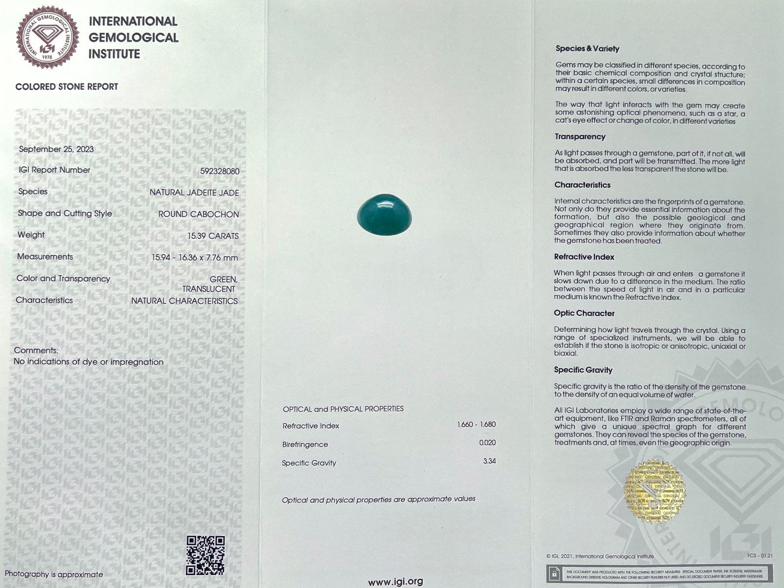 HUGE 15.39ct IGI CERTIFIED Green Jadeite Jade ‘A’ Grade Oval Cabochon RARE Gem — view 2