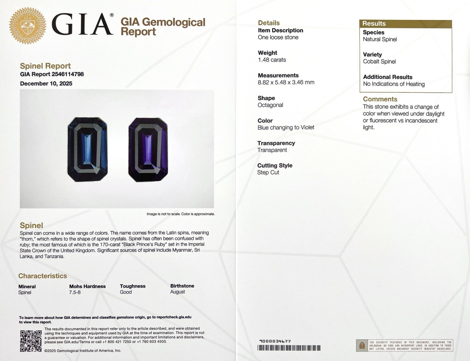 Rare 1.48ct GIA CERTIFIED Natural Colour Change COBALT Spinel UNTREATED Gemstone — view 5