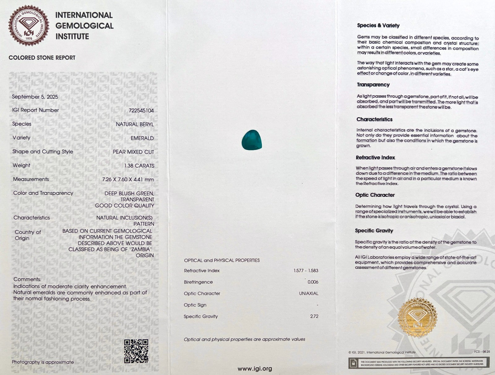 IGI CERTIFIED 1.38ct NATURAL Zambian Emerald Deep Green Pear Cut Gem 7.2x7.6mm — view 2