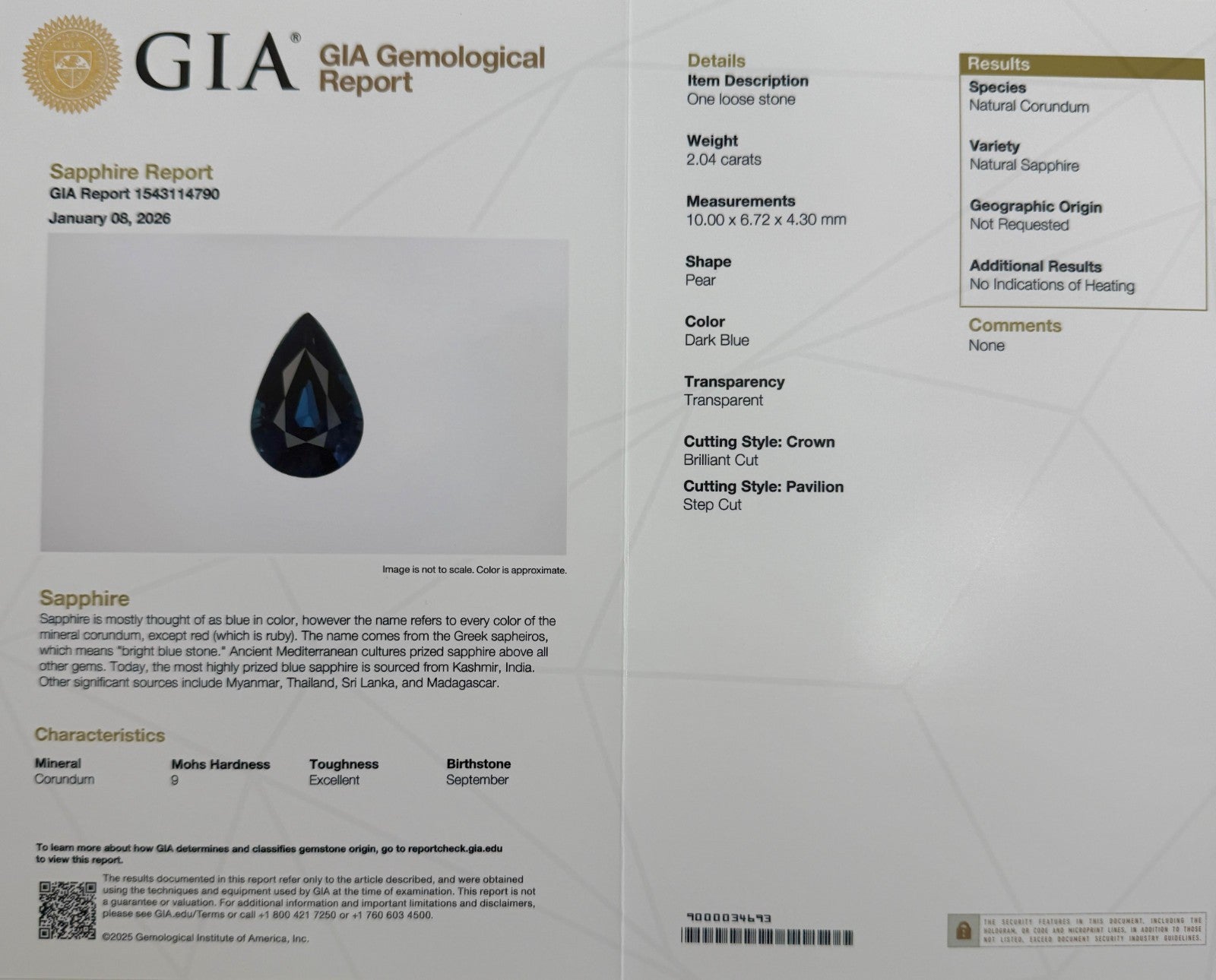 GIA Certified 2.04ct Untreated Dark Blue Sapphire Pear Platinum Pendant Necklace — view 4