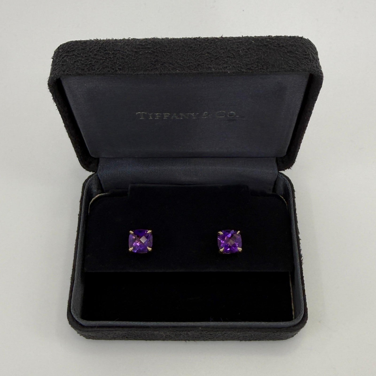 Tiffany & Co. Purple Amethyst 18k Yellow Gold Sparkler Cushion Stud Earrings — view 2