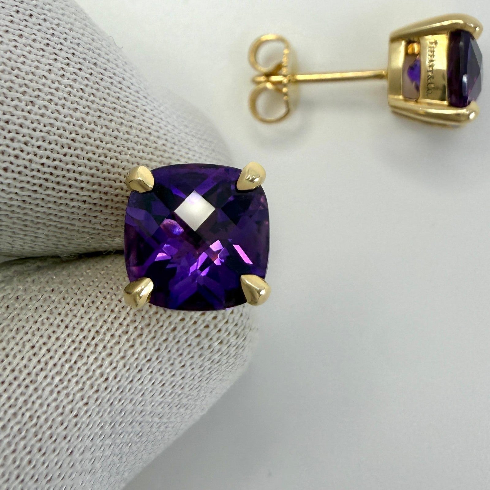 Tiffany & Co. Purple Amethyst 18k Yellow Gold Sparkler Cushion Stud Earrings — view 3