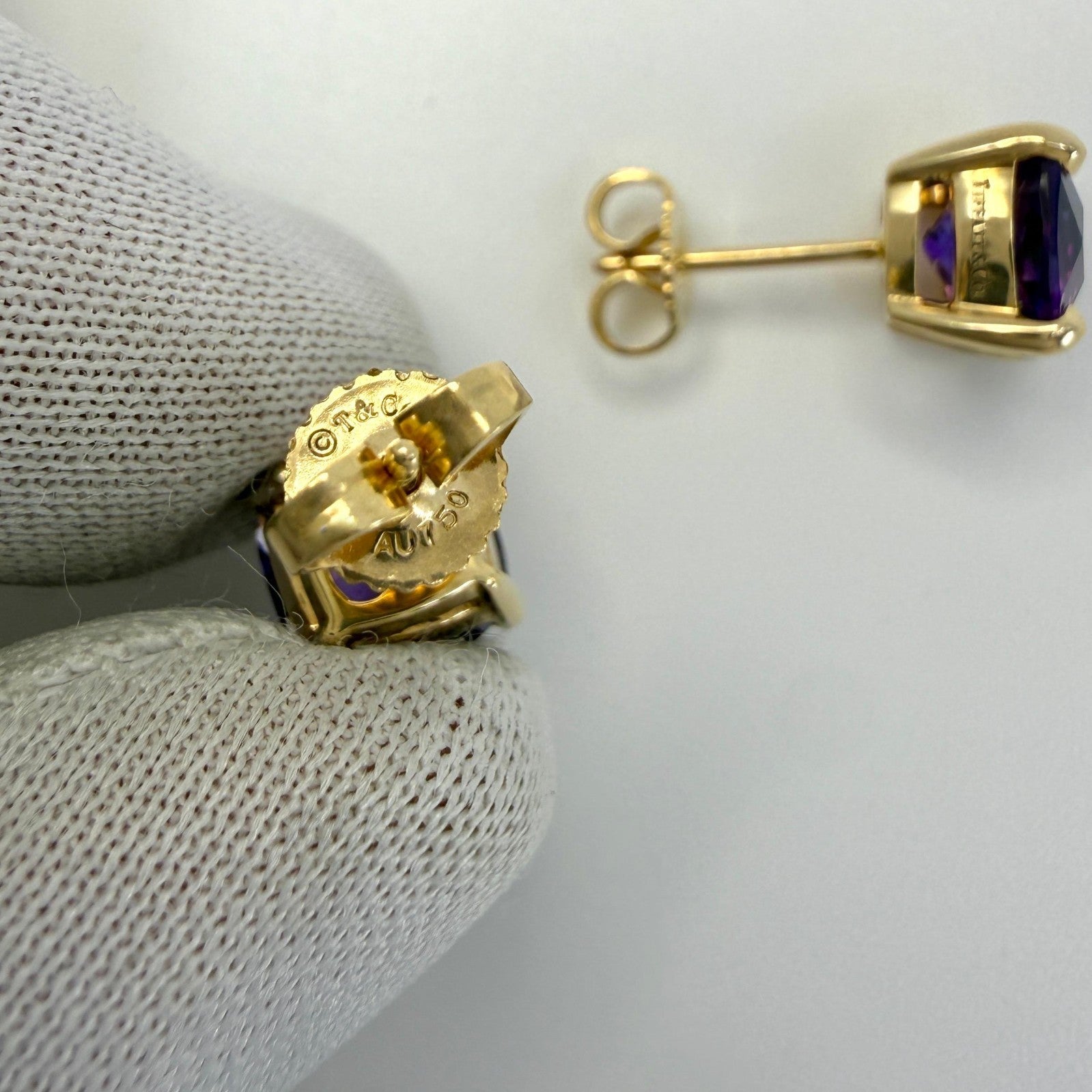 Tiffany & Co. Purple Amethyst 18k Yellow Gold Sparkler Cushion Stud Earrings — view 4