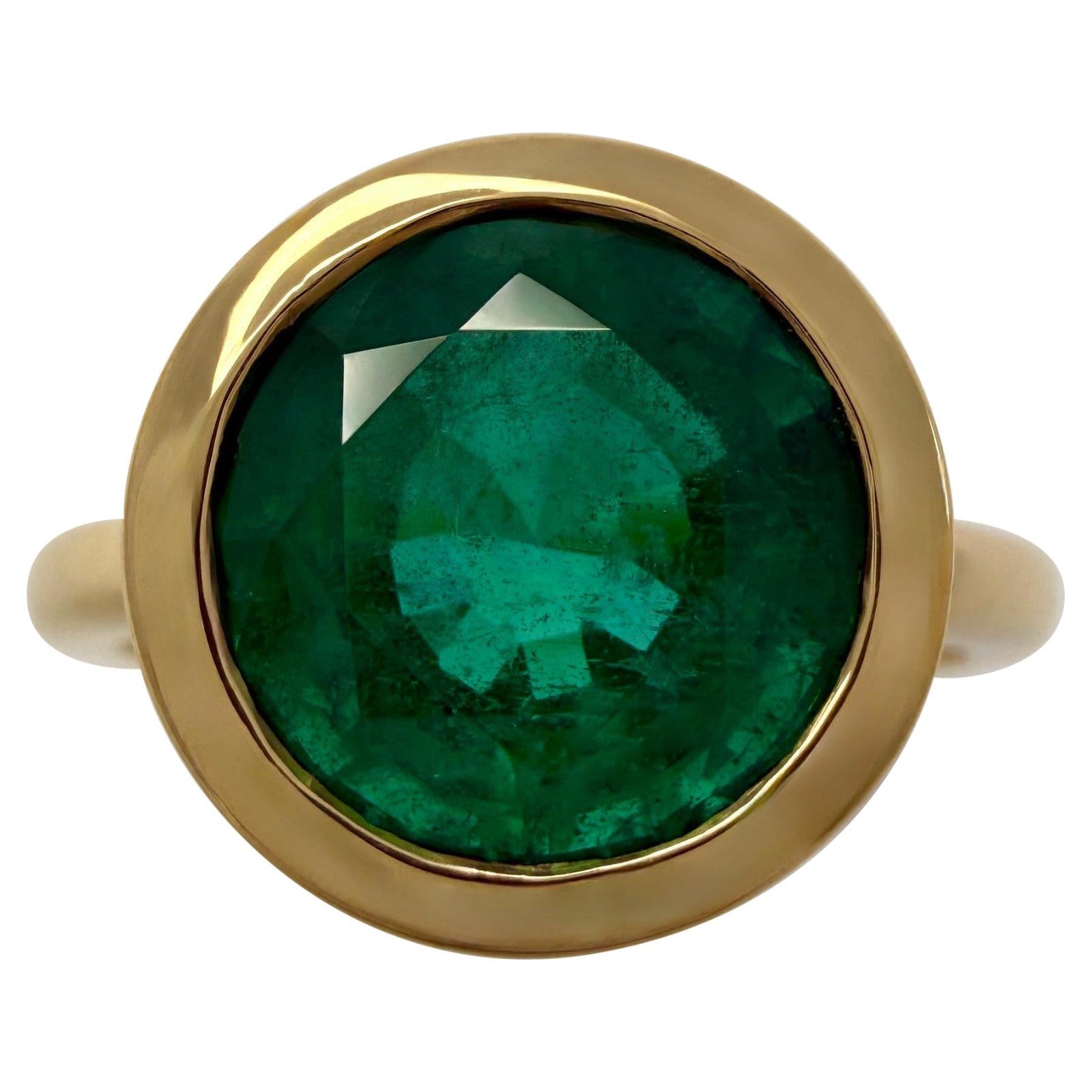 GIA Certified 3.01ct Green Emerald Round Cut 18k Gold Rubover Bezel Signet Ring