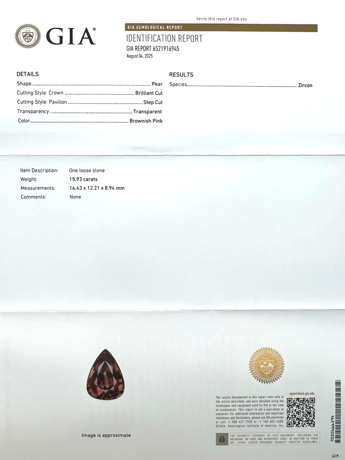 15.93ct GIA CERTIFIED NATURAL Zircon Brown Pink UNTREATED Pear Cut RARE Gemstone — view 2