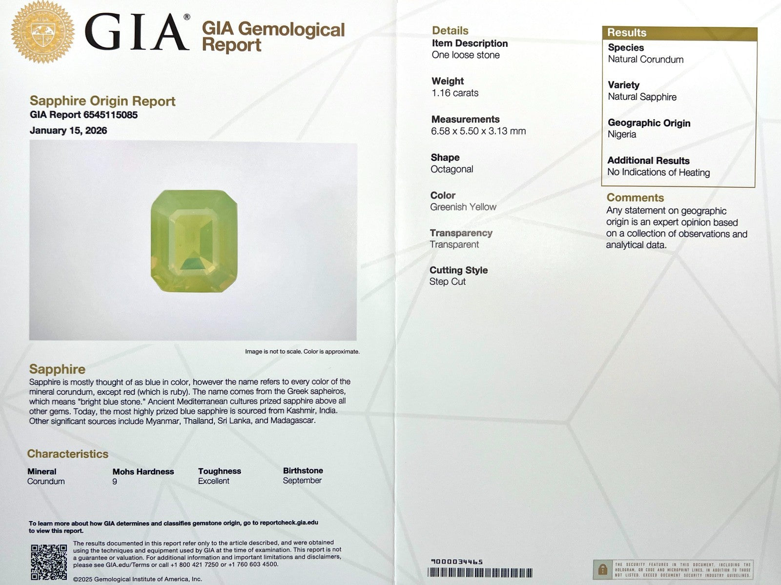 UNIQUE GIA CERTIFIED 1.16ct Sapphire Hazy Silky Green Yellow Octagon Cut NO HEAT — view 3
