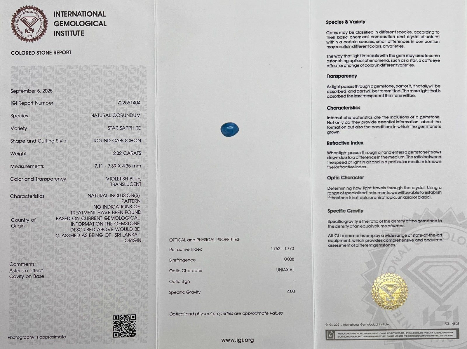 IGI CERTIFIED 2.32ct STAR Sapphire UNTREATED Ceylon Violet Blue Oval Cab Gem — view 2