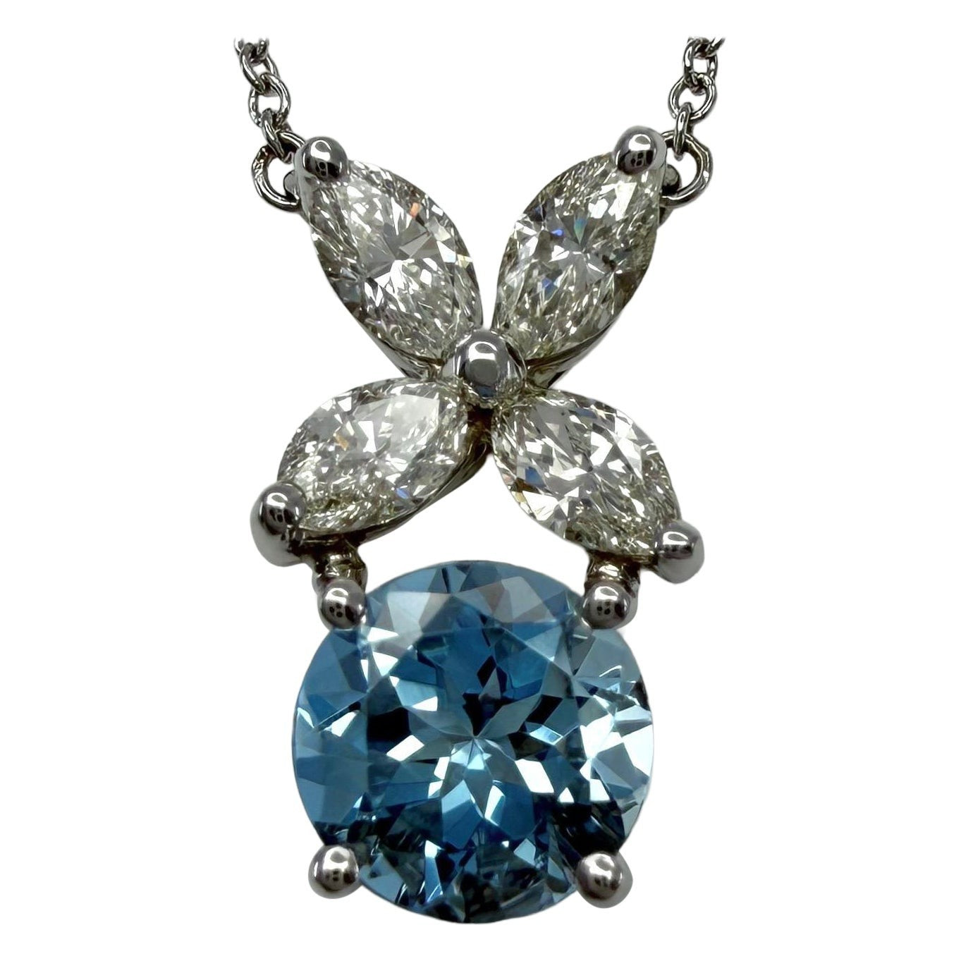 Rare Tiffany & Co Victoria Aquamarine & Diamond Platinum Flower Pendant Necklace