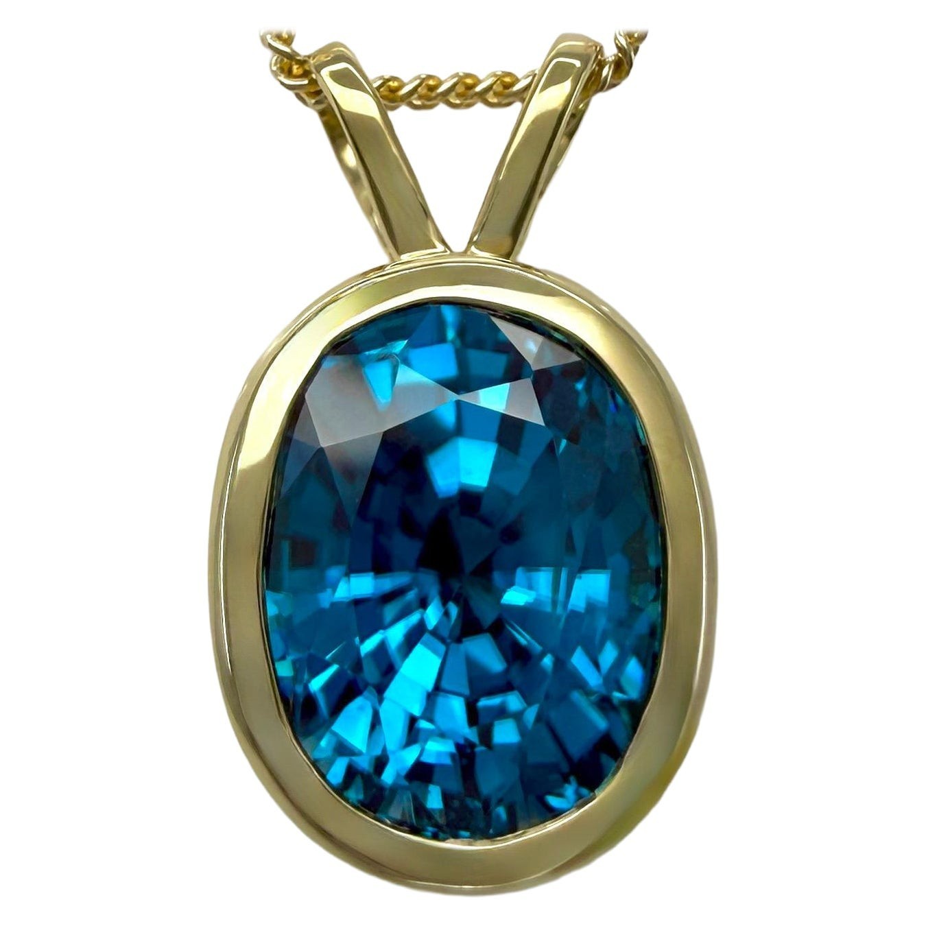 Fine 5.75ct Natural Vivid Blue Zircon Oval Cut 18k Yellow Gold Pendant Necklace