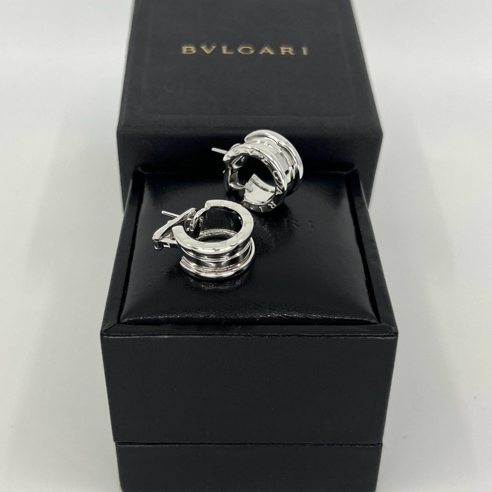 Vintage Bvlgari Bulgari B.Zero1 18 Karat White Gold Hoop Stud Earrings with Box — view 3