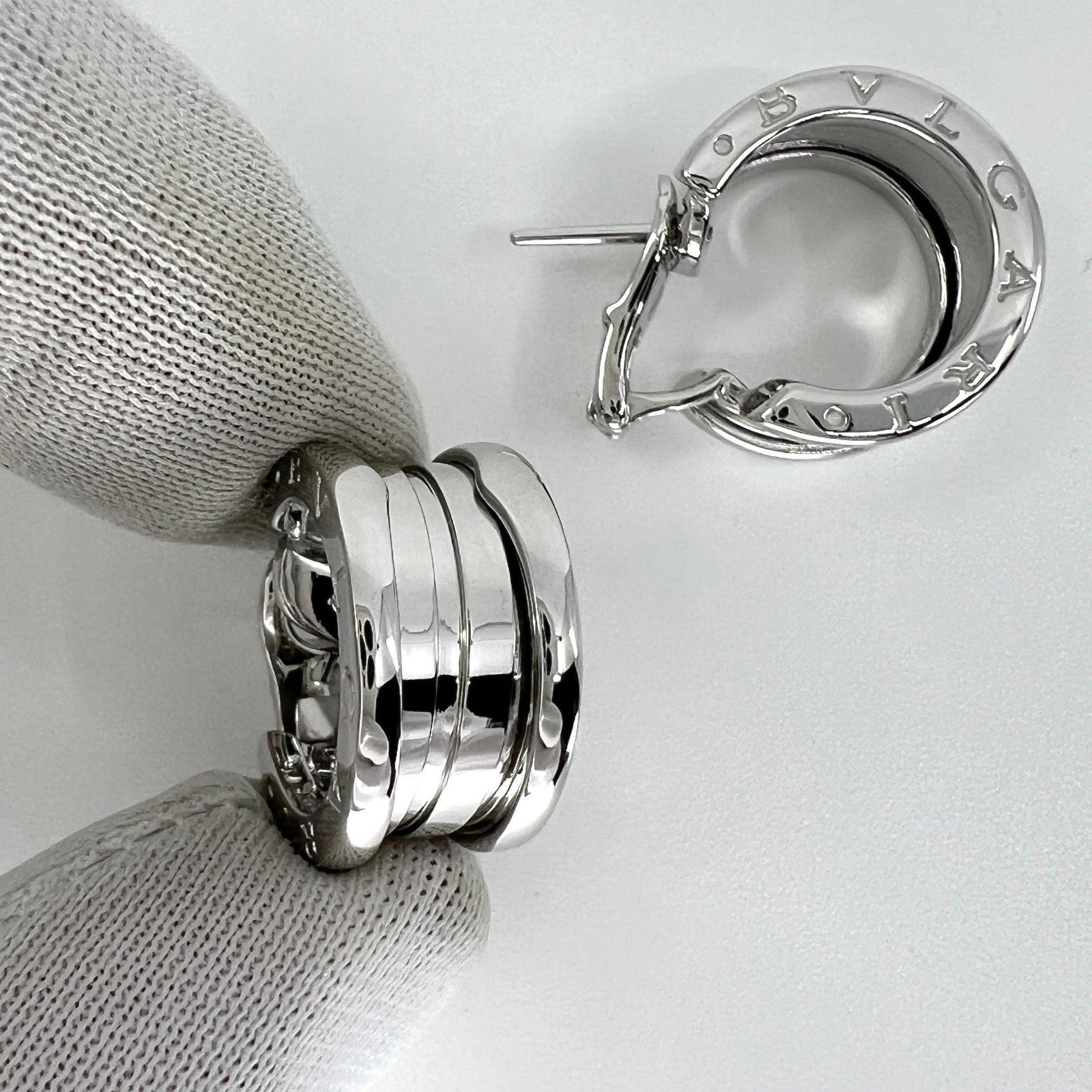 Vintage Bvlgari Bulgari B.Zero1 18 Karat White Gold Hoop Stud Earrings with Box — view 4