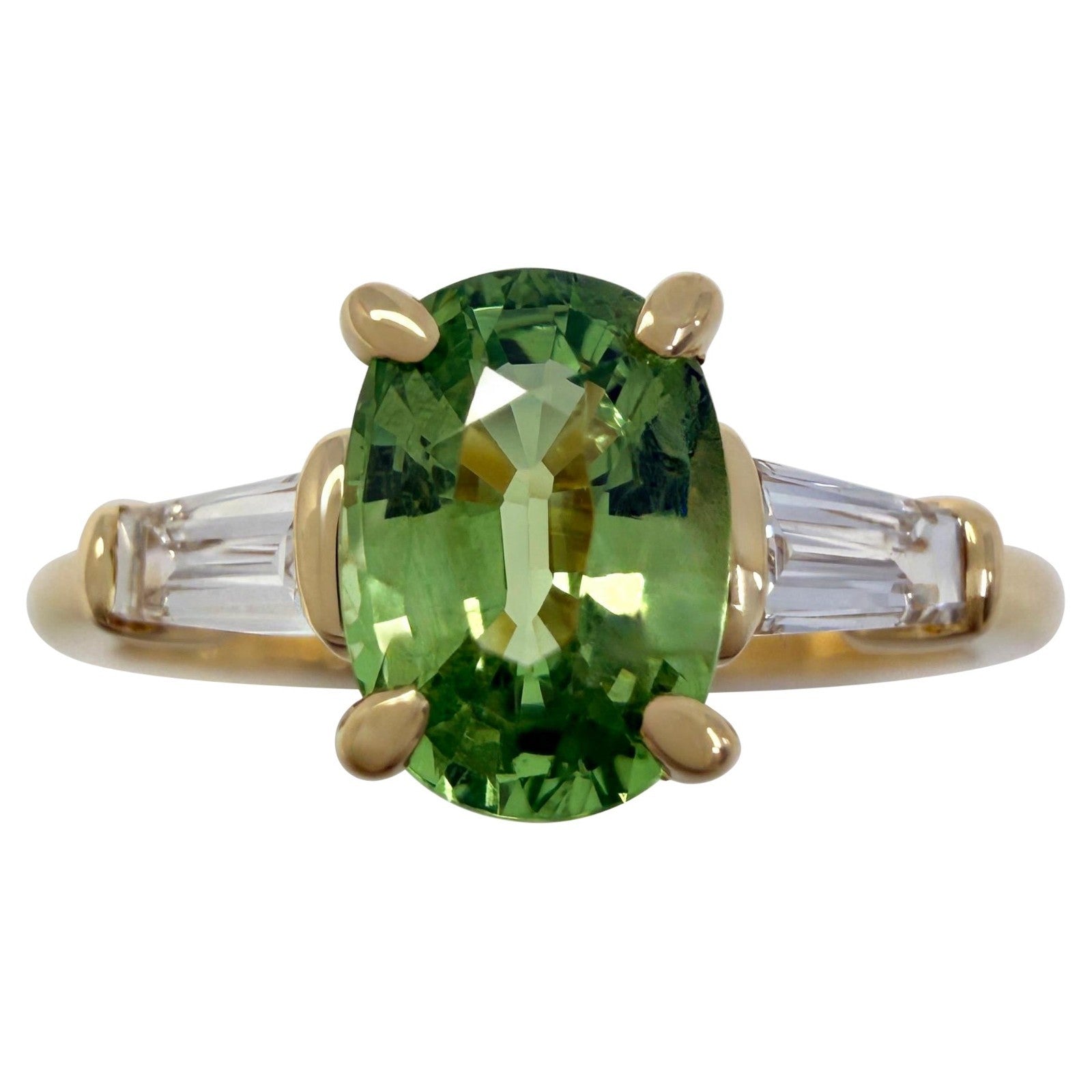 1.32ct Mint Green Tsavorite Garnet & Diamond 18k Yellow Gold Three Stone Ring