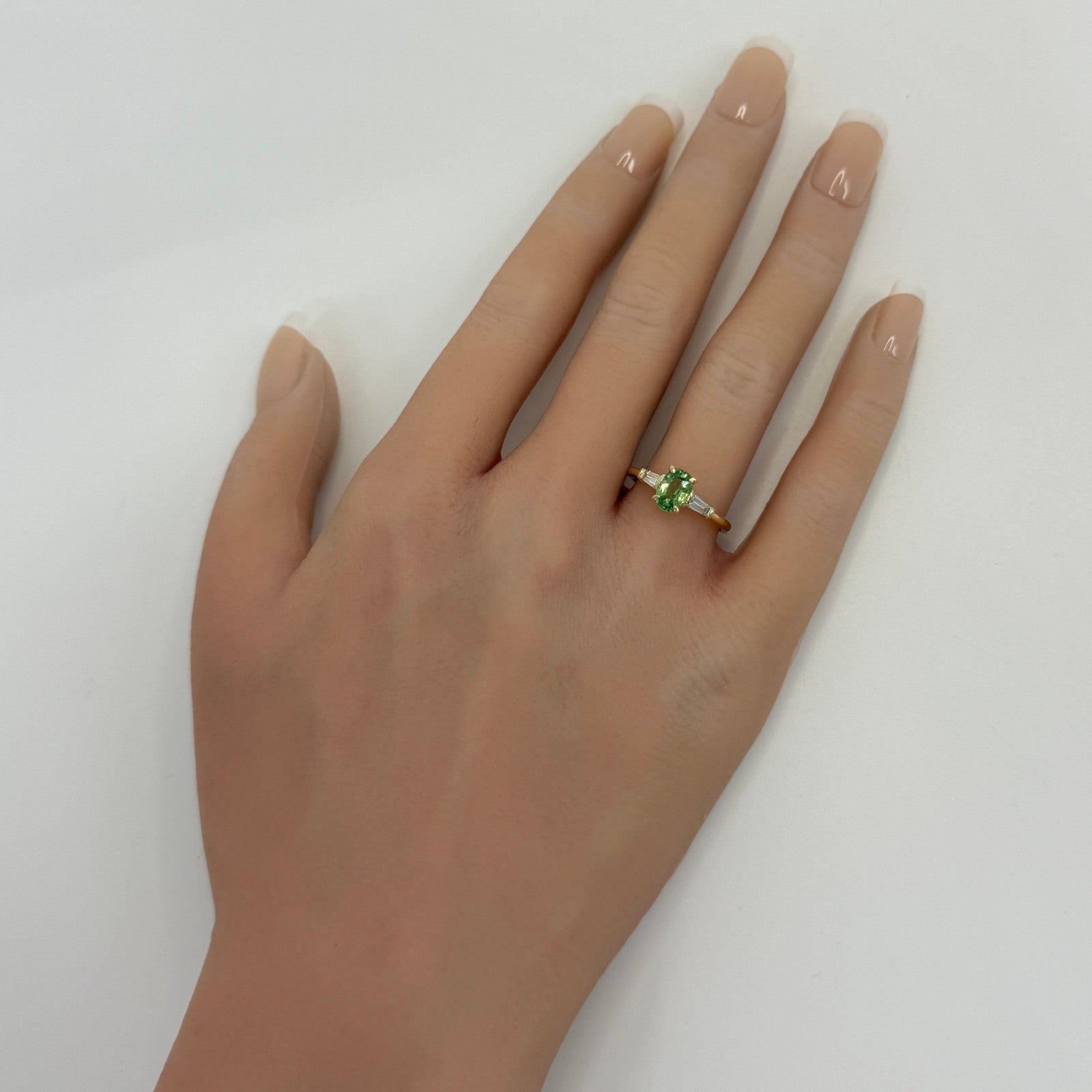 1.32ct Mint Green Tsavorite Garnet & Diamond 18k Yellow Gold Three Stone Ring — view 3