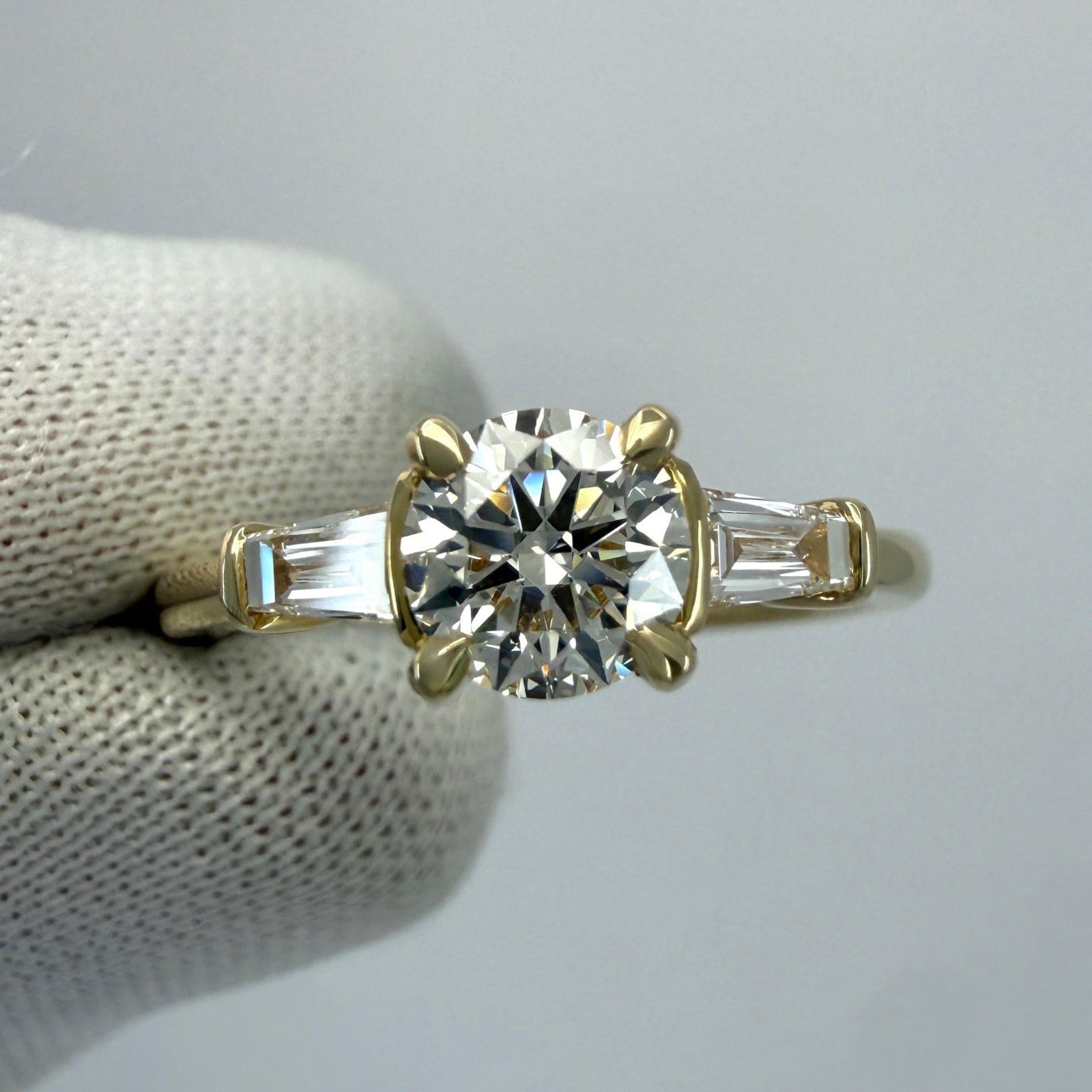 0.82ct GIA Certified Natural Diamond & Baguette Cut 18k Gold Three Stone Ring — view 3