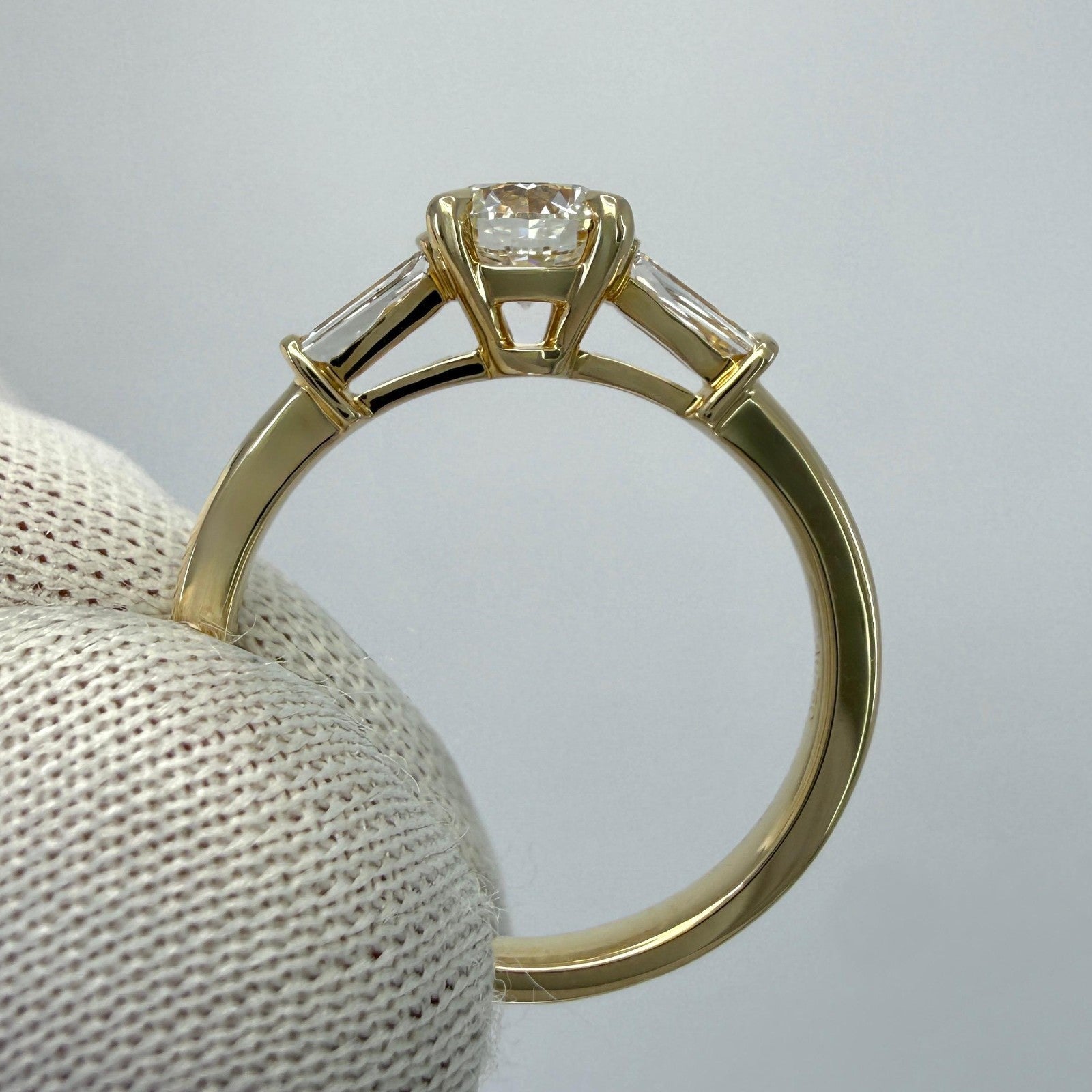 0.82ct GIA Certified Natural Diamond & Baguette Cut 18k Gold Three Stone Ring — view 5