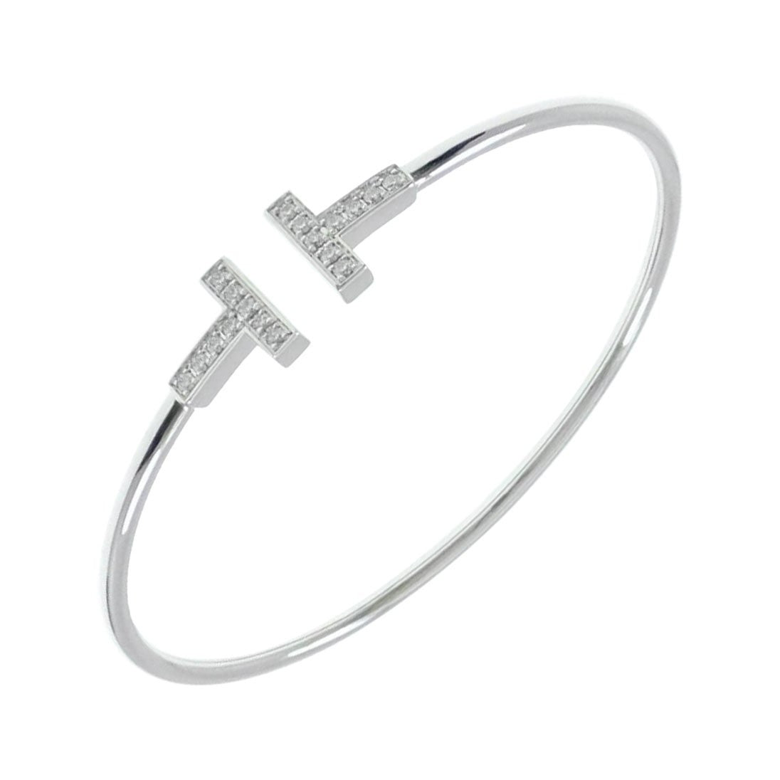Genuine Vintage Tiffany & Co 18k White Gold Diamond T Wire Bangle Cuff Bracelet
