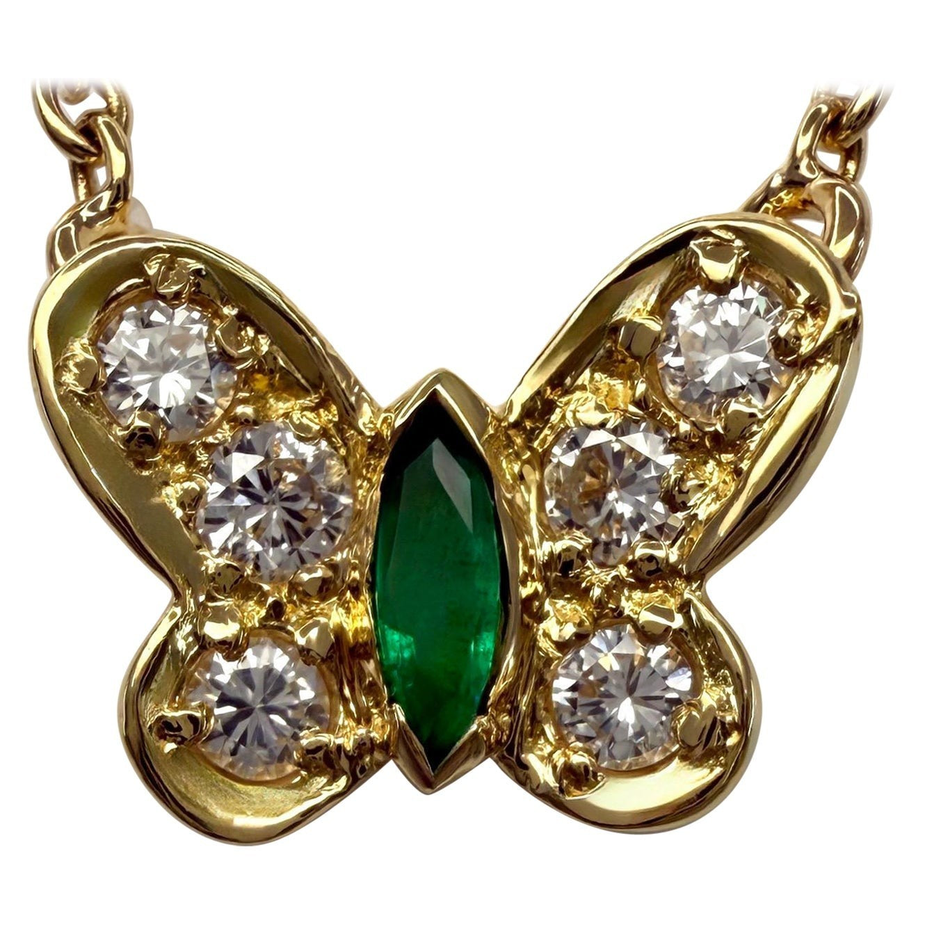 Rare Van Cleef & Arpels Emerald & Diamond Papillion Butterfly 18k Gold Necklace