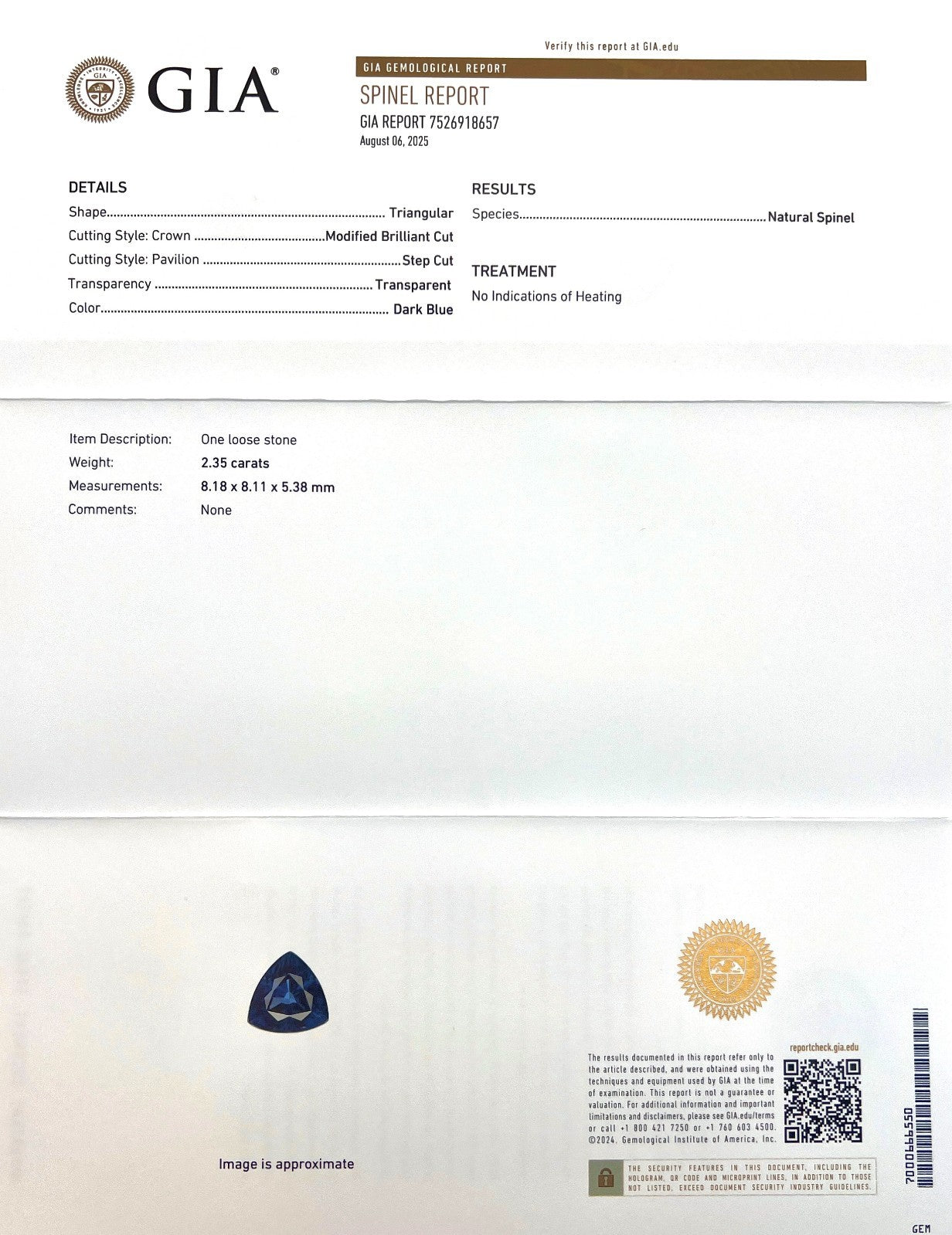 GIA CERTIFIED 2.35ct Natural DEEP Blue Spinel UNTREATED Trillion Cut Gem — view 3