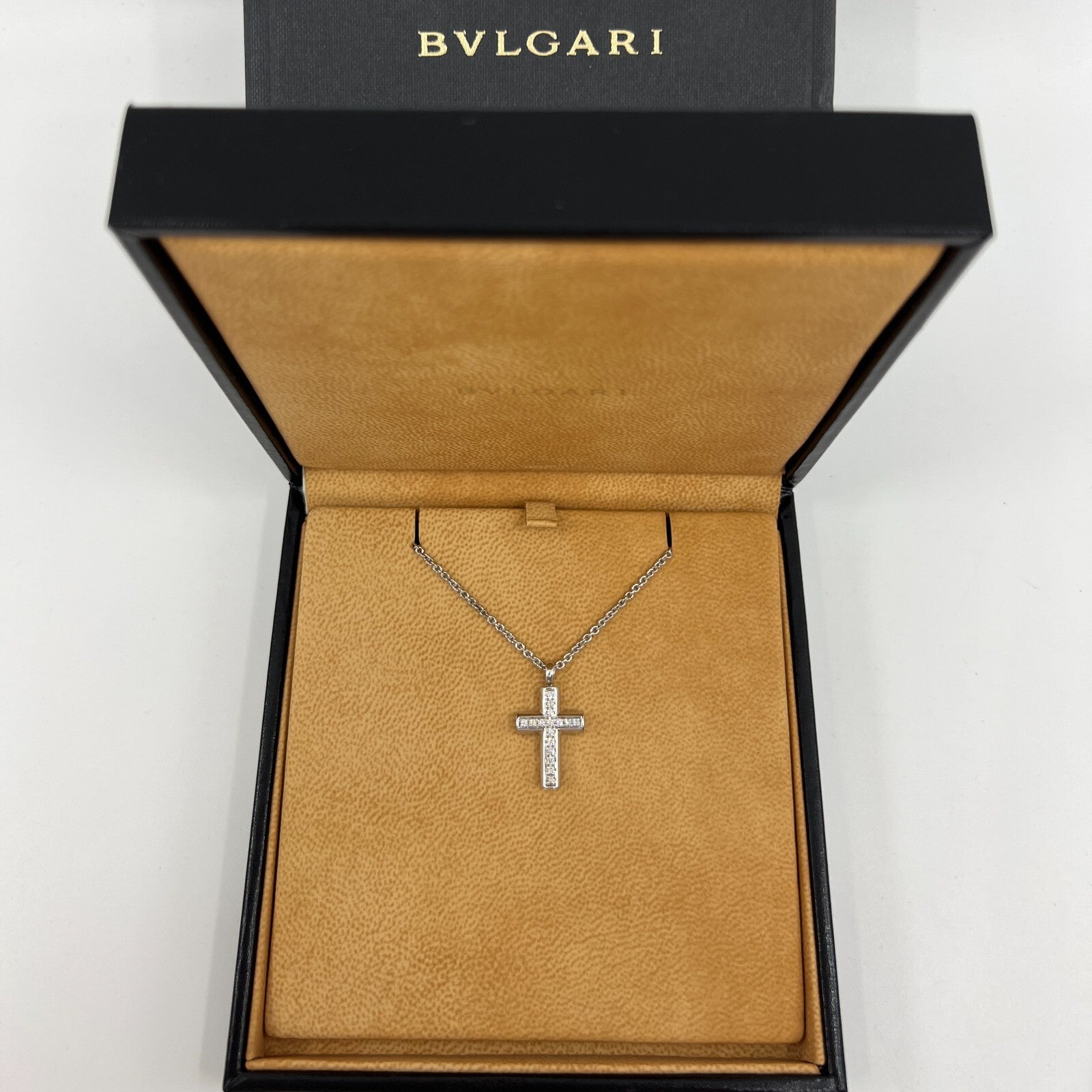 Rare Vintage Bvlgari Diamond Cross 18 Karat White Gold Pendant Necklace — view 4