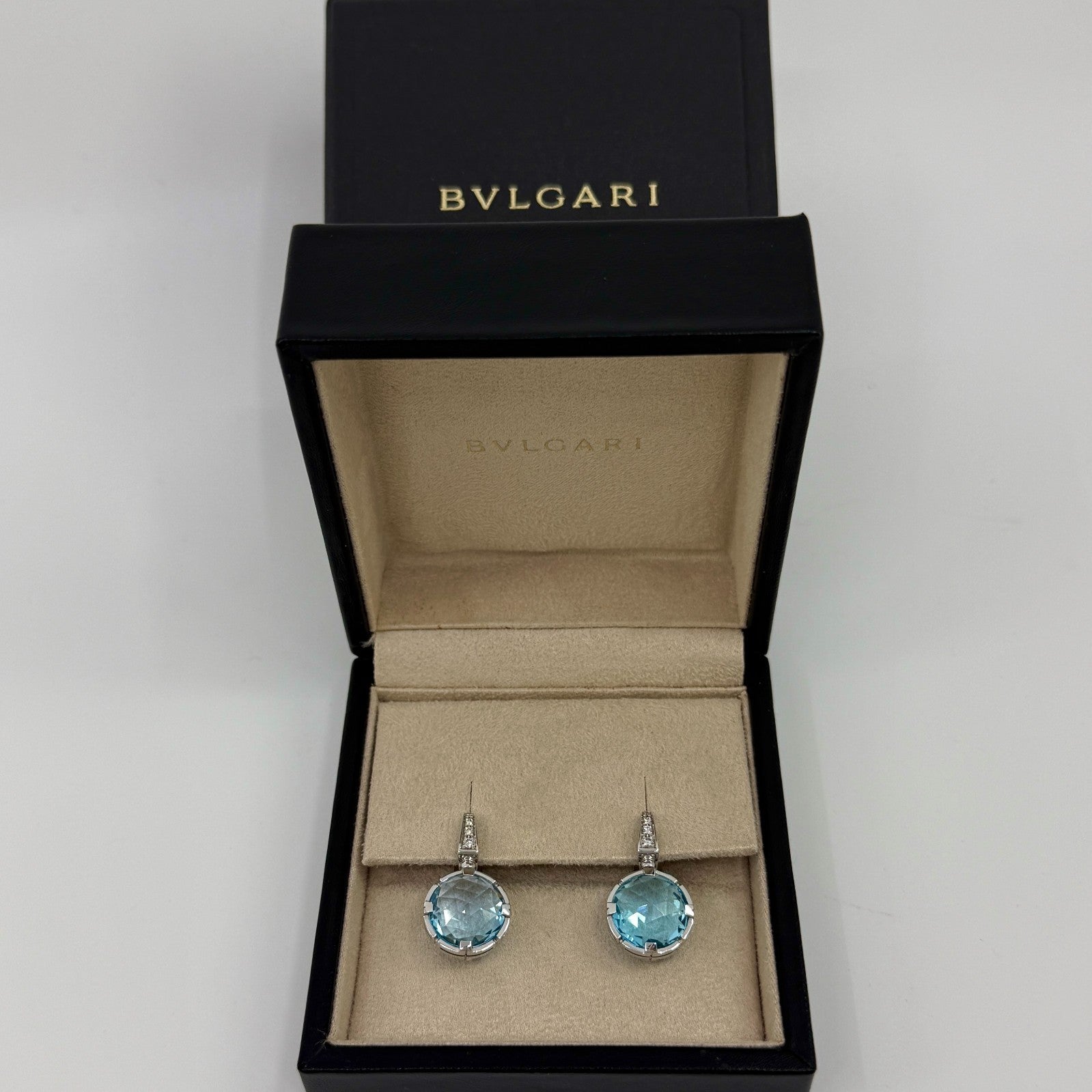 Rare Vintage Bvlgari Parentesi Blue Topaz & Diamond 18k White Gold Drop Earrings — view 2