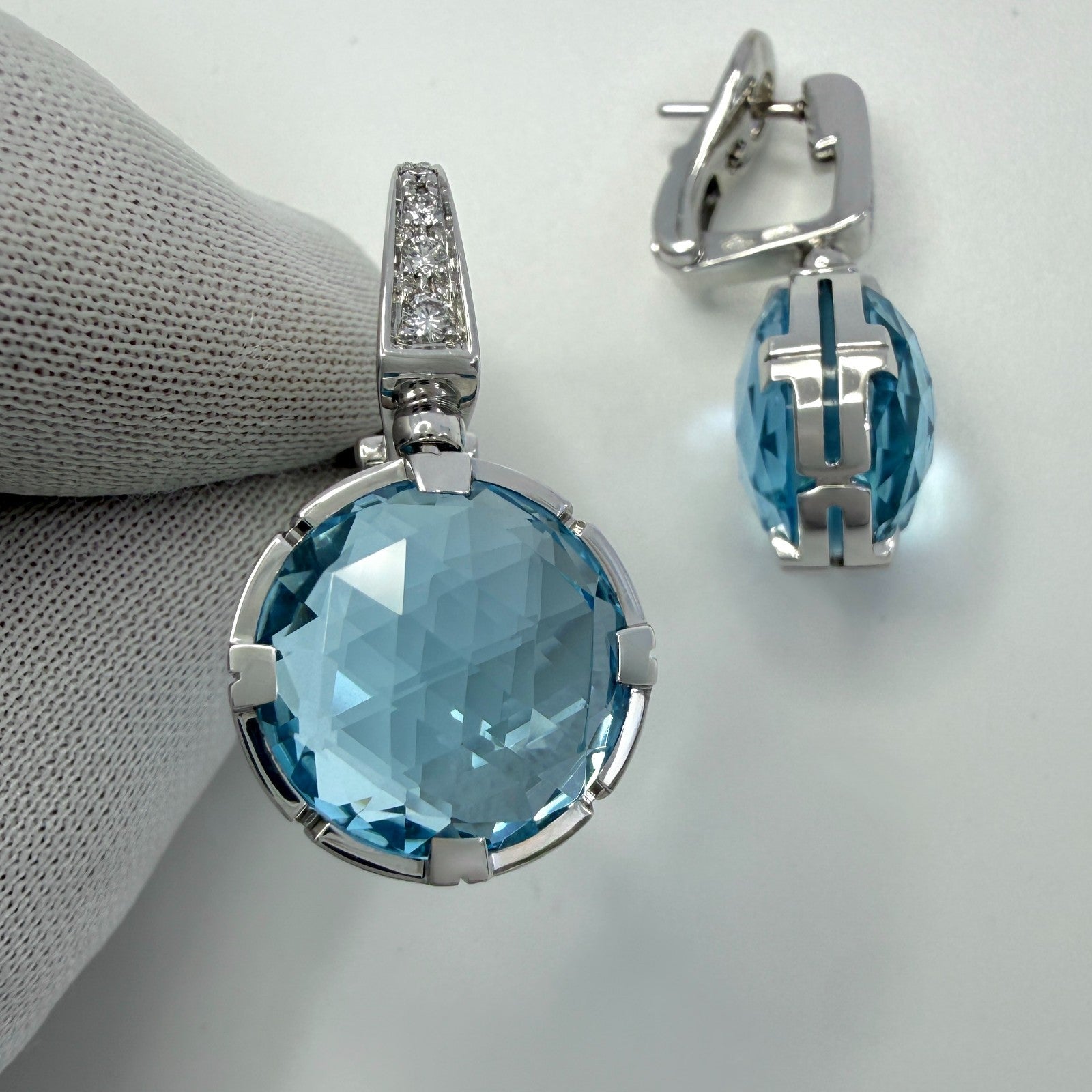 Rare Vintage Bvlgari Parentesi Blue Topaz & Diamond 18k White Gold Drop Earrings — view 5