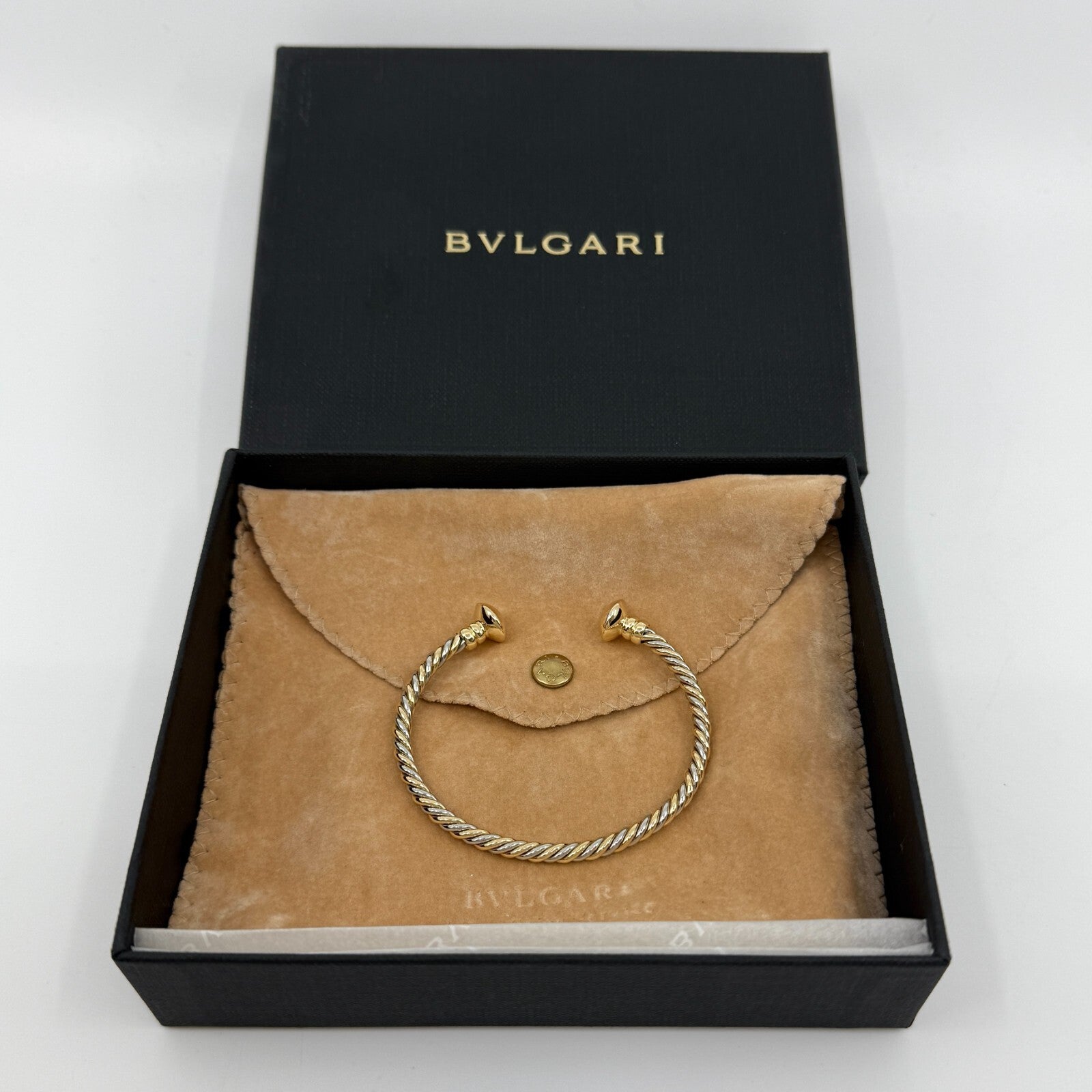 Bvlgari Bulgari Tubogas 18k Yellow Gold Steel Twist Bangle Bracelet Cuff — view 2