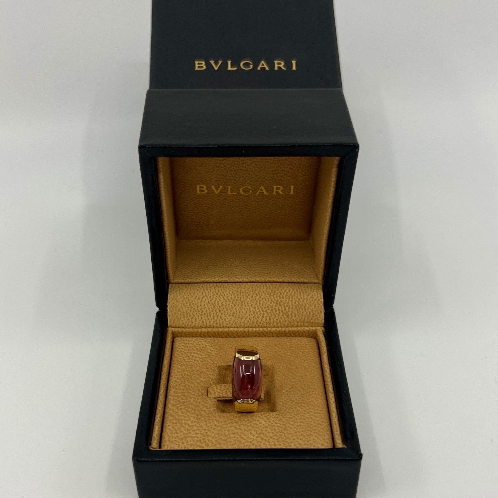 Rare Bvlgari Tronchetto 18k Yellow Gold Rubellite Pink Tourmaline Ring with Box — view 2