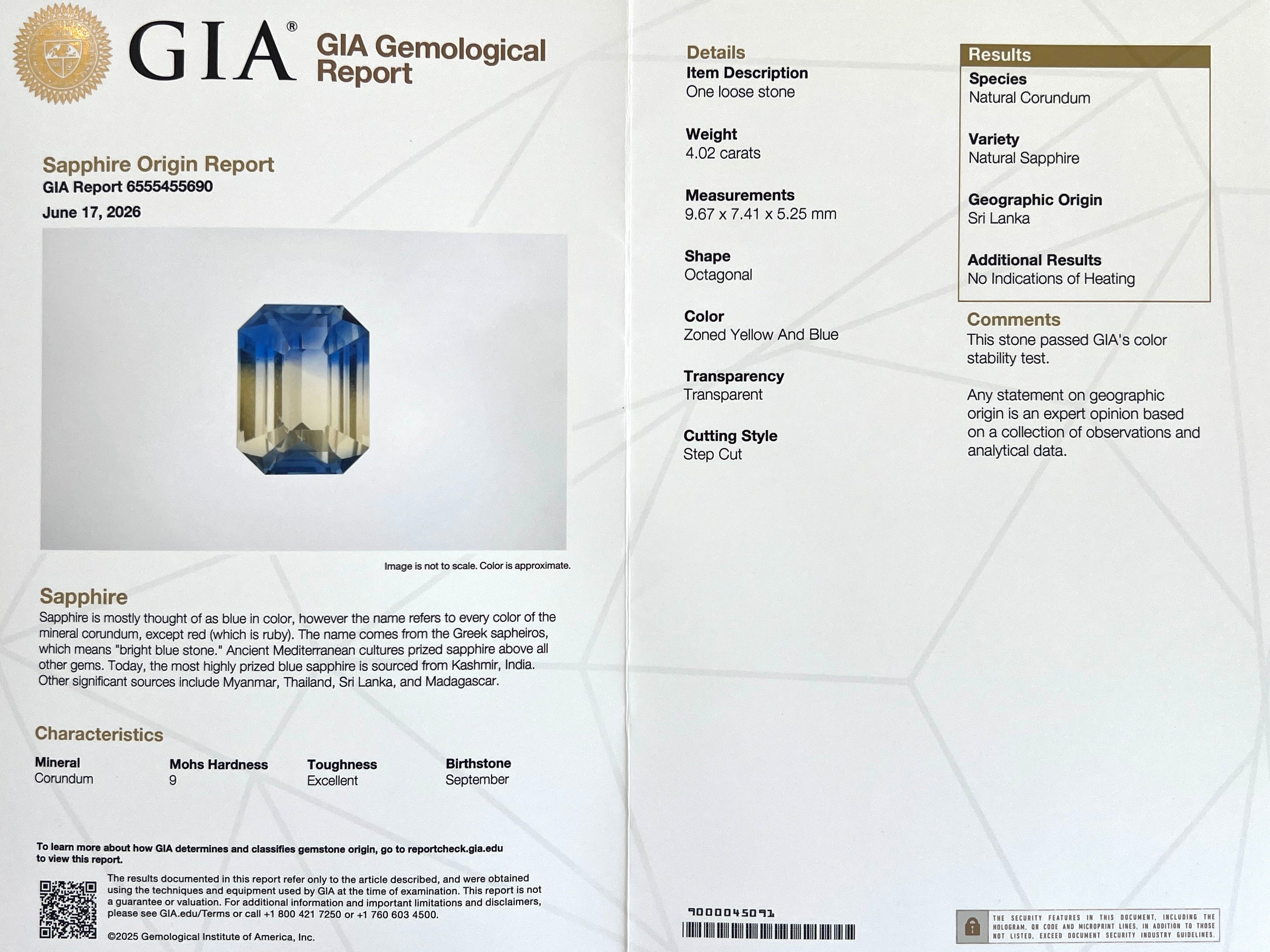 UNIQUE 4.02ct GIA CERTIFIED Ceylon Sapphire BI COLOUR Untreated Octagon RARE Gem — view 2
