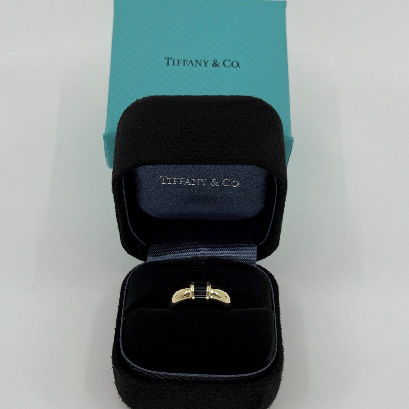 Tiffany & Co. Blue Sapphire Baguette Cut 18k Yellow Gold Three Stone Band Ring — view 2