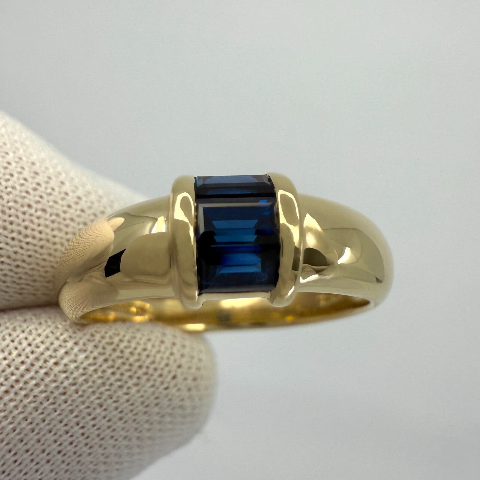 Tiffany & Co. Blue Sapphire Baguette Cut 18k Yellow Gold Three Stone Band Ring — view 3