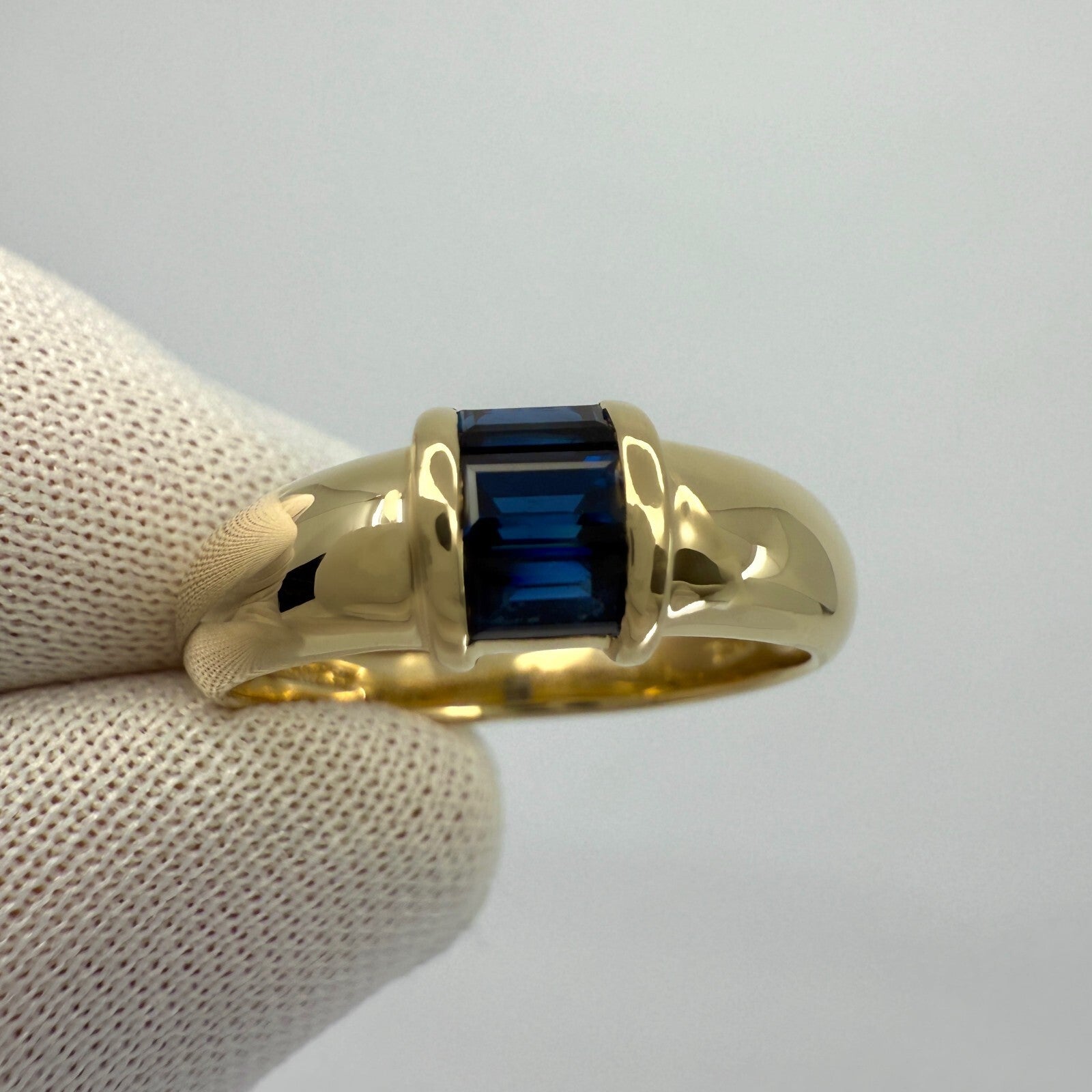 Tiffany & Co. Blue Sapphire Baguette Cut 18k Yellow Gold Three Stone Band Ring — view 5