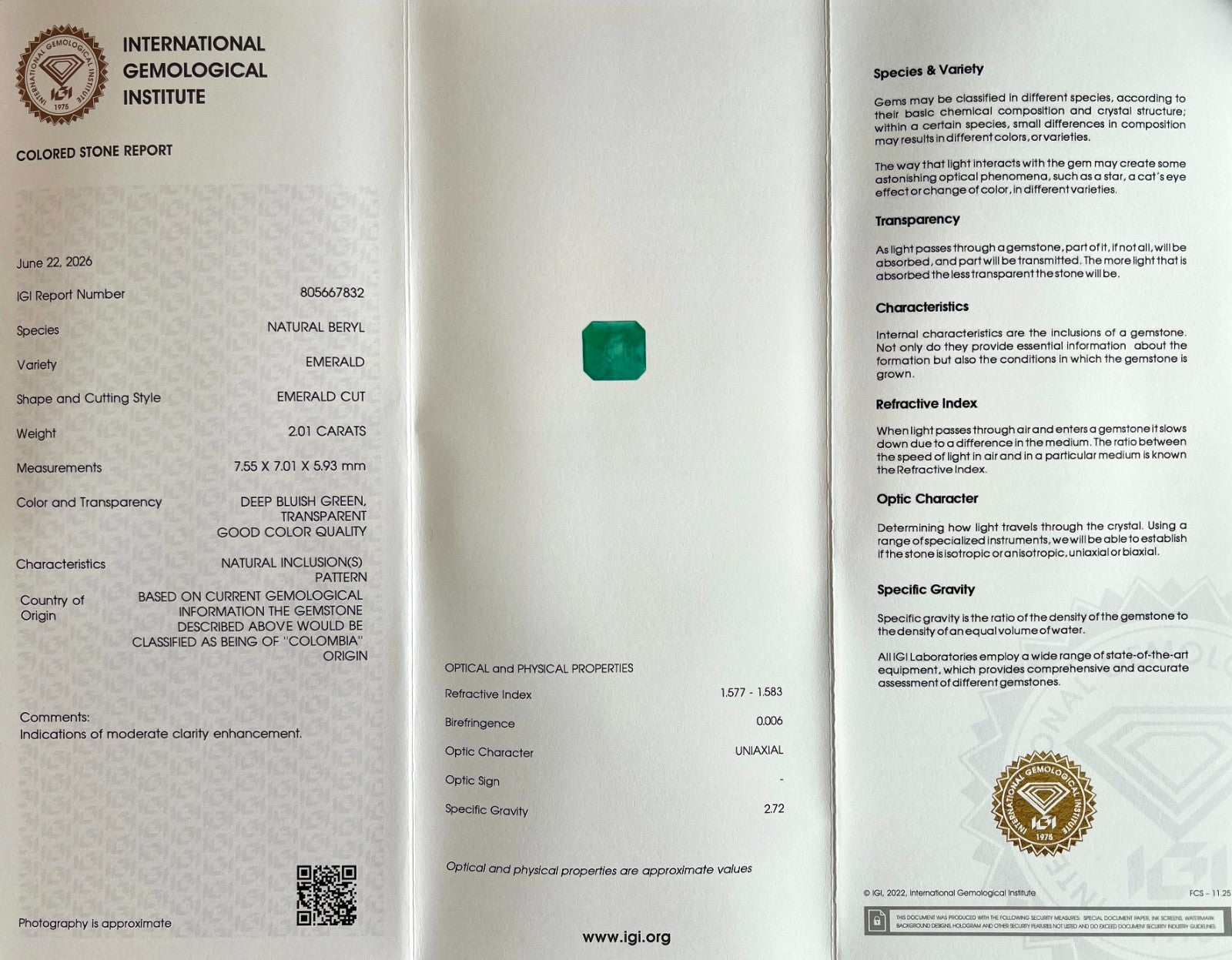 2.01ct IGI CERTIFIED Natural COLOMBIAN Emerald VIVID Green OCATGON Cut RARE Gem — view 2