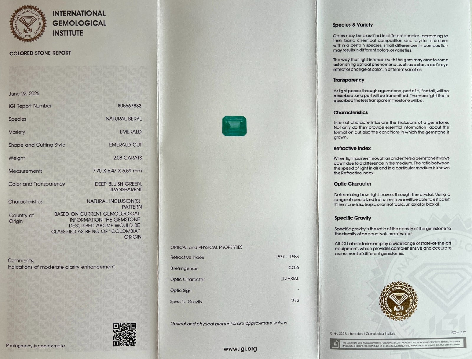 2.08ct IGI CERTIFIED Natural COLOMBIAN Emerald VIVID Green OCATGON Cut RARE Gem — view 4