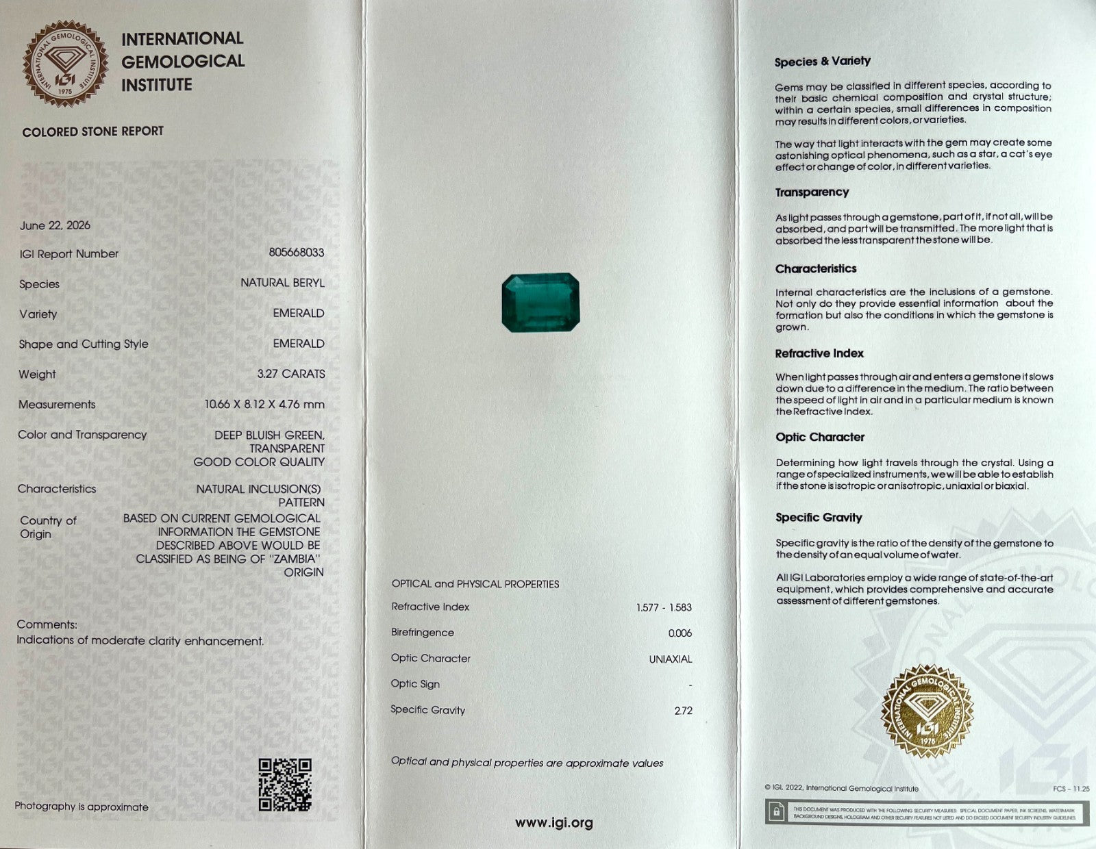 3.27ct IGI CERTIFIED Natural ZAMBIAN Emerald DEEP Green OCATGON Cut RARE Gem — view 3