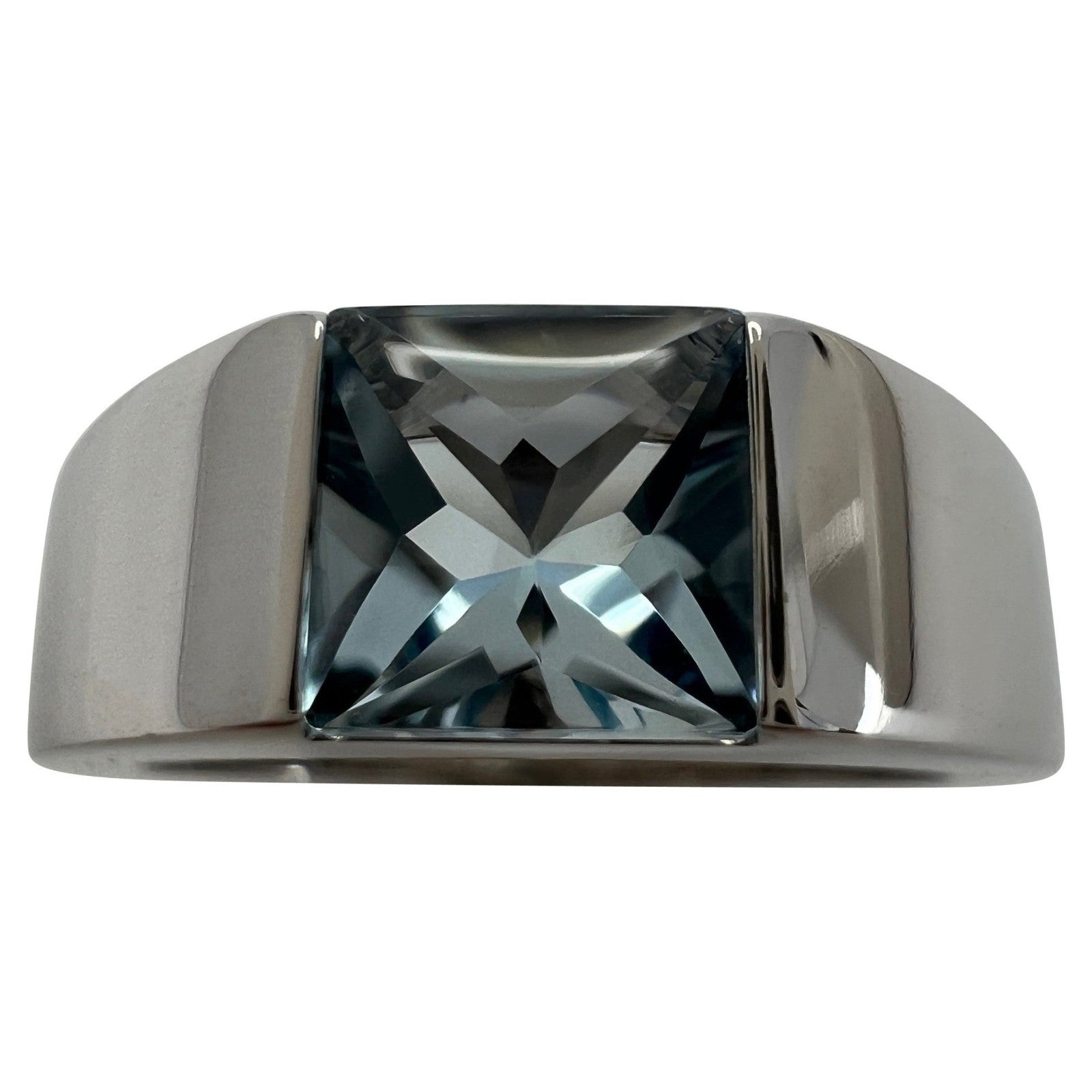Vintage Cartier Blue Aquamarine Square Cushion Cut 18k White Gold Tank Ring 51 L