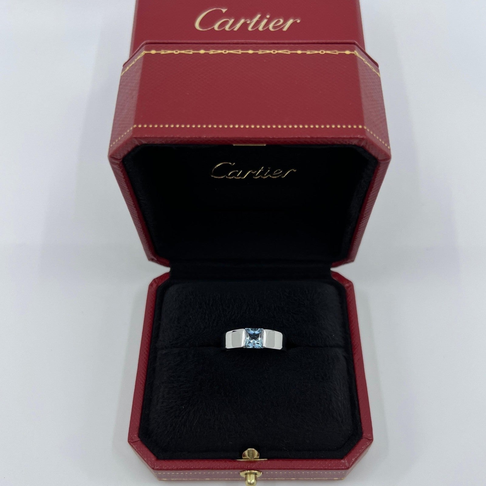 Vintage Cartier Blue Aquamarine Square Cushion Cut 18k White Gold Tank Ring 51 L — view 3